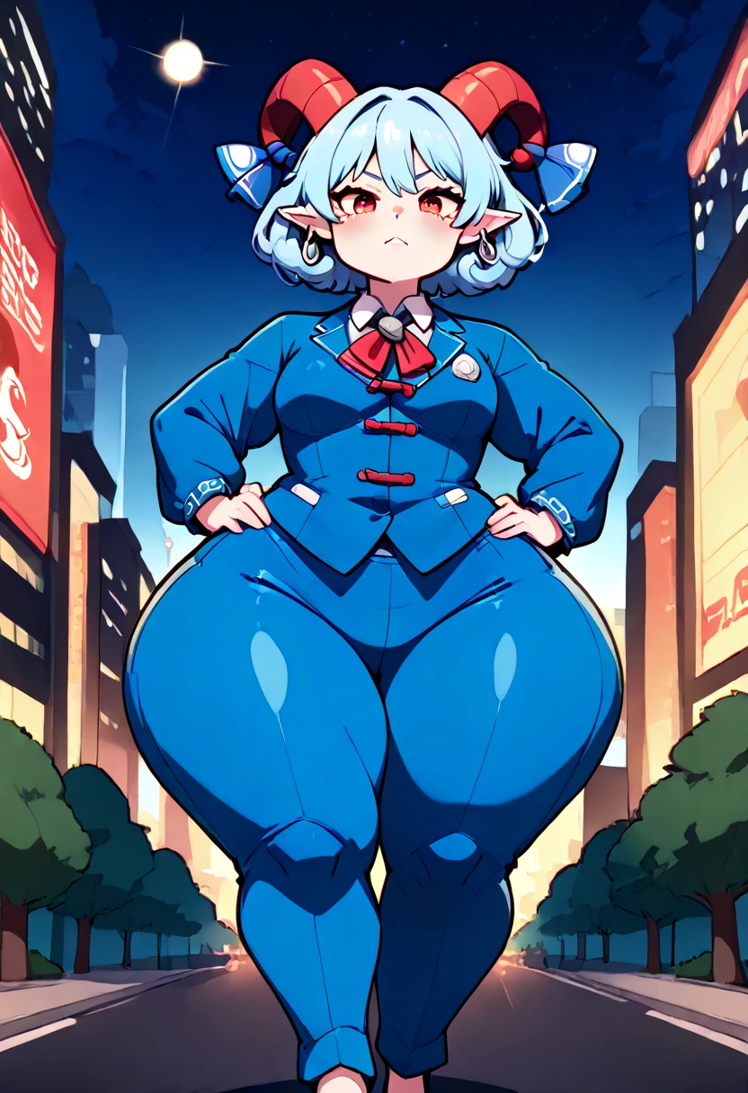 ((best quality, 4k, 8k, anime bishoujo, one girl, masterpiece), ((((beautiful extremely detailed face)))), (detailed eyes), red eyes, natural lighting, ((giantess, building size)), ((yuuma toutetsu, yuuma)), (wavy hair, short hair, light blue hair, curved red horns), ((cyan business suit, blazer, long pants)), ((small breasts, SSBBW, chubby, hyper bottom heavy, wide hips, hyper hips, blimphips, hyper thighs, blimpthighs, ((extremely wide waist)), )), natural lighting, ((detailed background, night sky, city lights, trees)),