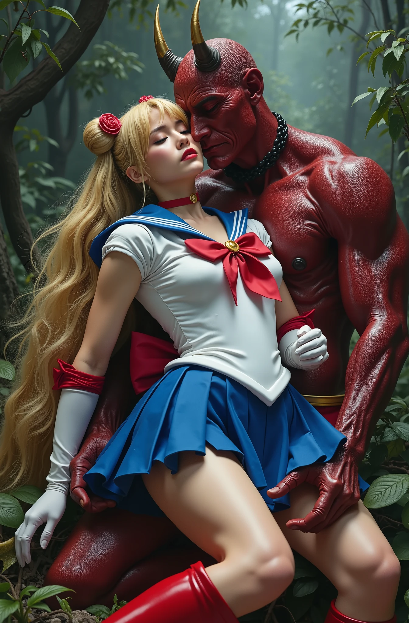 Hyperrealism, masterpiece, highest quality, A young Japanese woman is lying her head on a devil lap, painful face, cum on her forehead, a lot of cum on her legs, she is wearing a Sailor Moon costume, Blue sailor collar, Blue mini pleated skirt, she is wearing pleated skirt, blue pleated skirt, Long white gloves, shiny beige color pantyhose, red high boots, Exposed thighs, red long boots, big choker, long blonde Hair, a devil is kneeling sexual assault her, the devil touch her crotch, the girl push his chest out, white cum on her face, in the jungle,