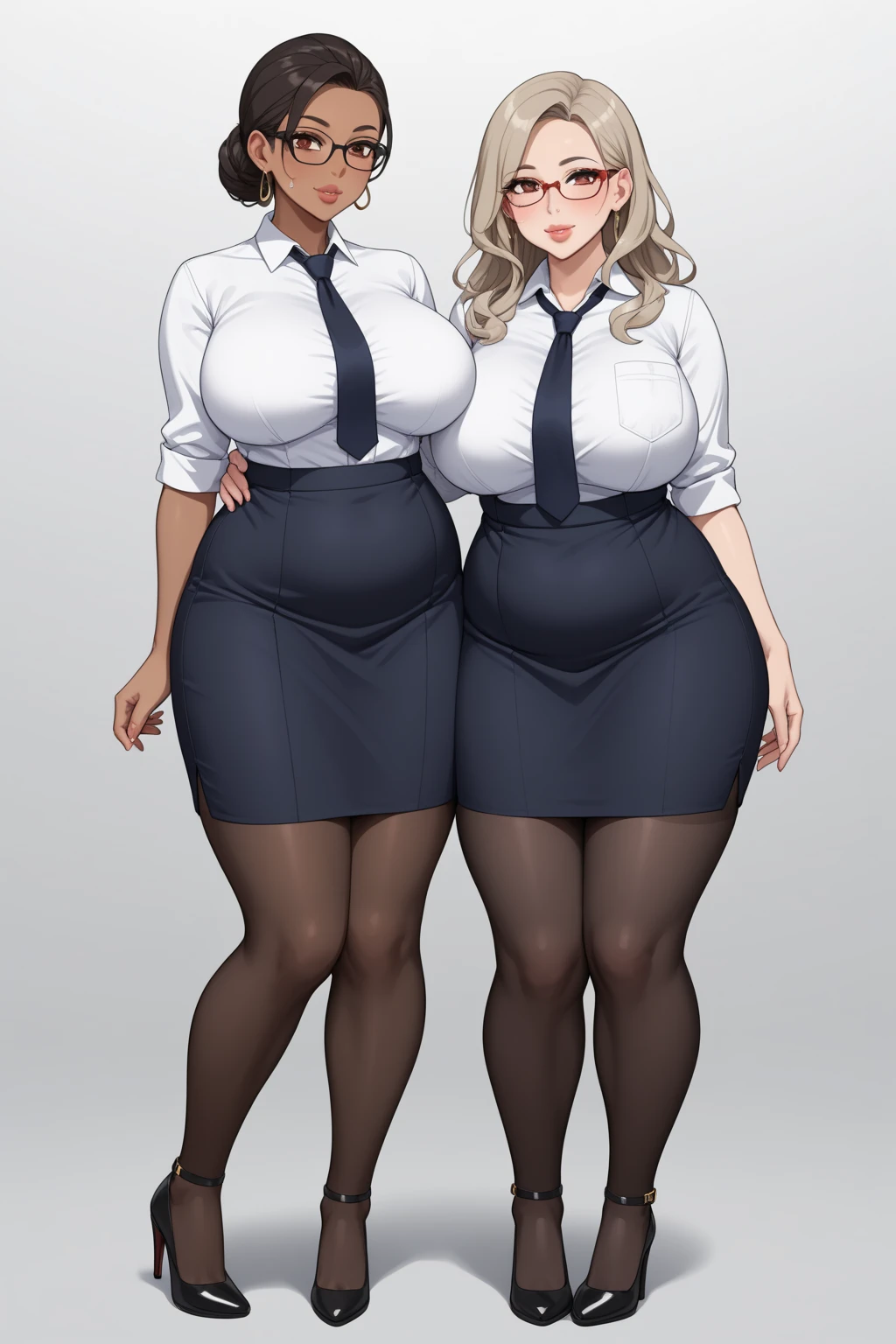  (((unryuu \(kancolle\)))), 1fille, seulement, ((((seins gigantesques)))), clivage, long braid, single braid, messy hair, asymmetrical hair,  scrunchie, chemise blanche, chemise à col, jupe noire, Arms on the sides, debout, office lady, pencil skirt, short sleeves, white hair, very long hair, button gap, pantyhose, black pantyhose, dark-skinned female, indoor, heterochromia, blue eyes, green eyes, standing, seins gigantesques, seins gigantesques, seins gigantesques, seins gigantesques, (((unryuu \(kancolle\)))), (((unryuu \(kancolle\))))