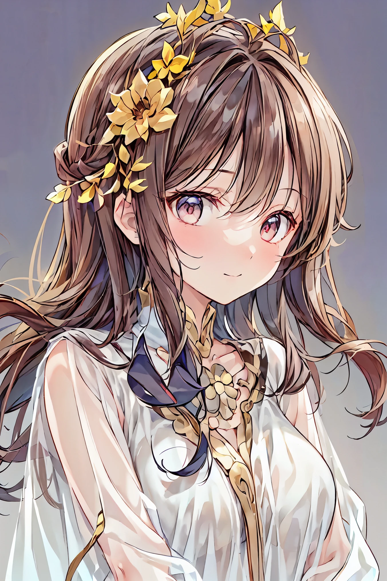 ((Highest quality)), ((masterpiece)), (detailed), Perfect Face, ((Highest quality, 8k, masterpiece: 1.3)), Sharp focus beautiful woman, Highly detailed face and skin texture, detailedな目, double eyelid, She had a big flower in her hair, hibiscus, Phalaenopsis orchid, Dahlia, Brown Hair, Low Twin Blade, From above, Cowboy Shot, Underarm