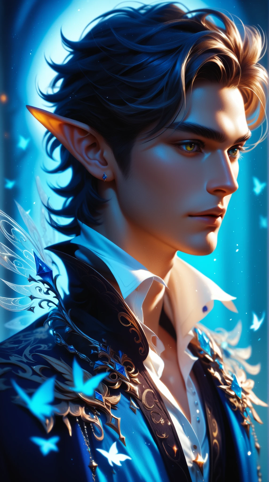 a close up of a man with a butterfly tattoo on his chest, exquisite and handsome wings, handsome male elf, 由杨J, fantasy behance art, amazing fantasy art, digital fantasy art ), beautiful fantasy art, digital fantasy art em alta, winged boy, very beautiful fantasy art, fantasy art style, beautiful digital art, fantasy male portrait, fantasy art illustration