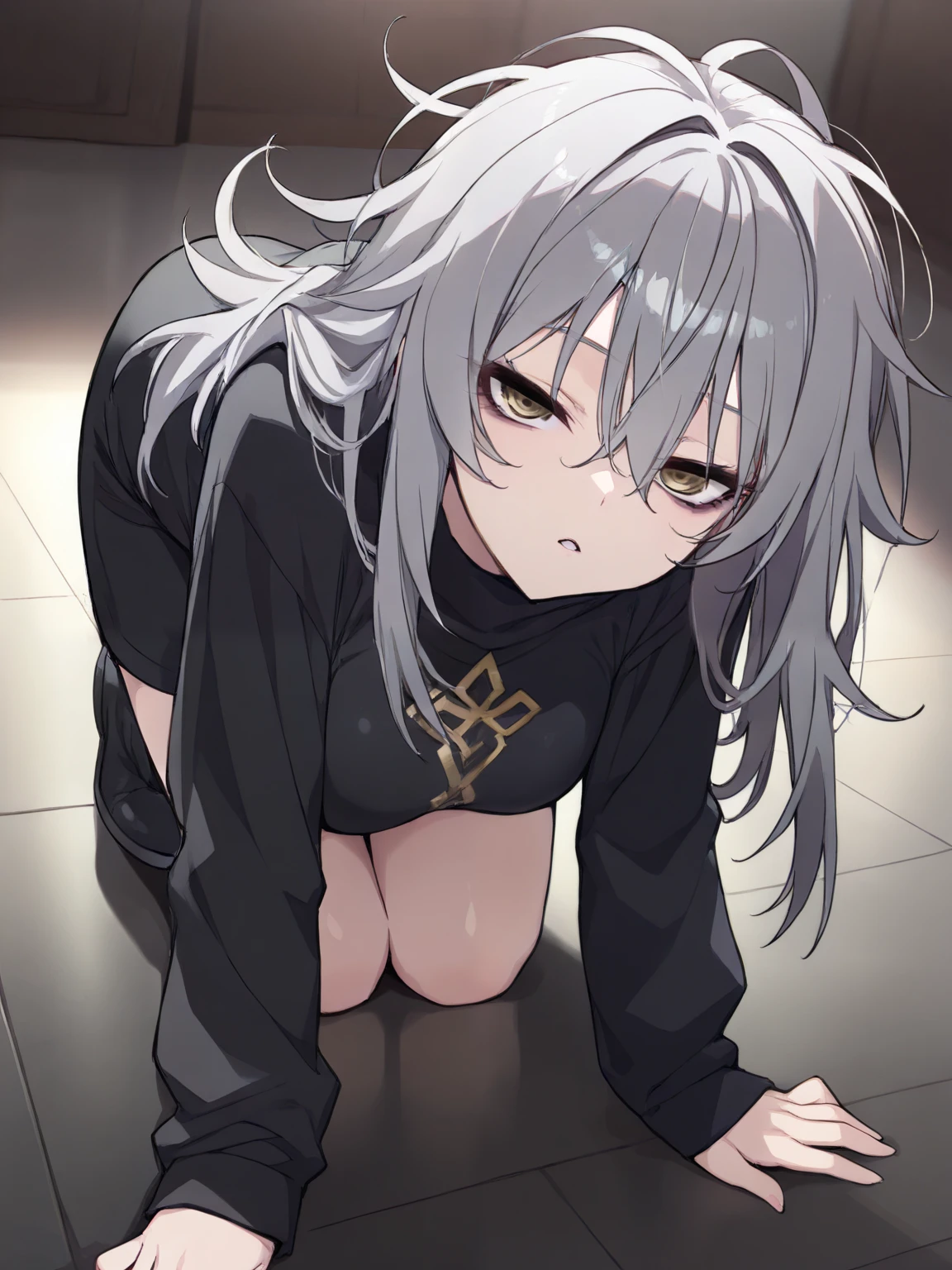 game cg hack,anime, Character Portrait,(8k, best quality, masterpiece:1.2),\(Eye details\),\(Facial features details\),(\( clothing details\)\),(1 girl),full body,Alone,slender eyes,half-open eyes,(--messy hair--),grey hair,long hair,(Random scars),deep gold eyes,shiny eyes,medium breasts,tall,Bend over,