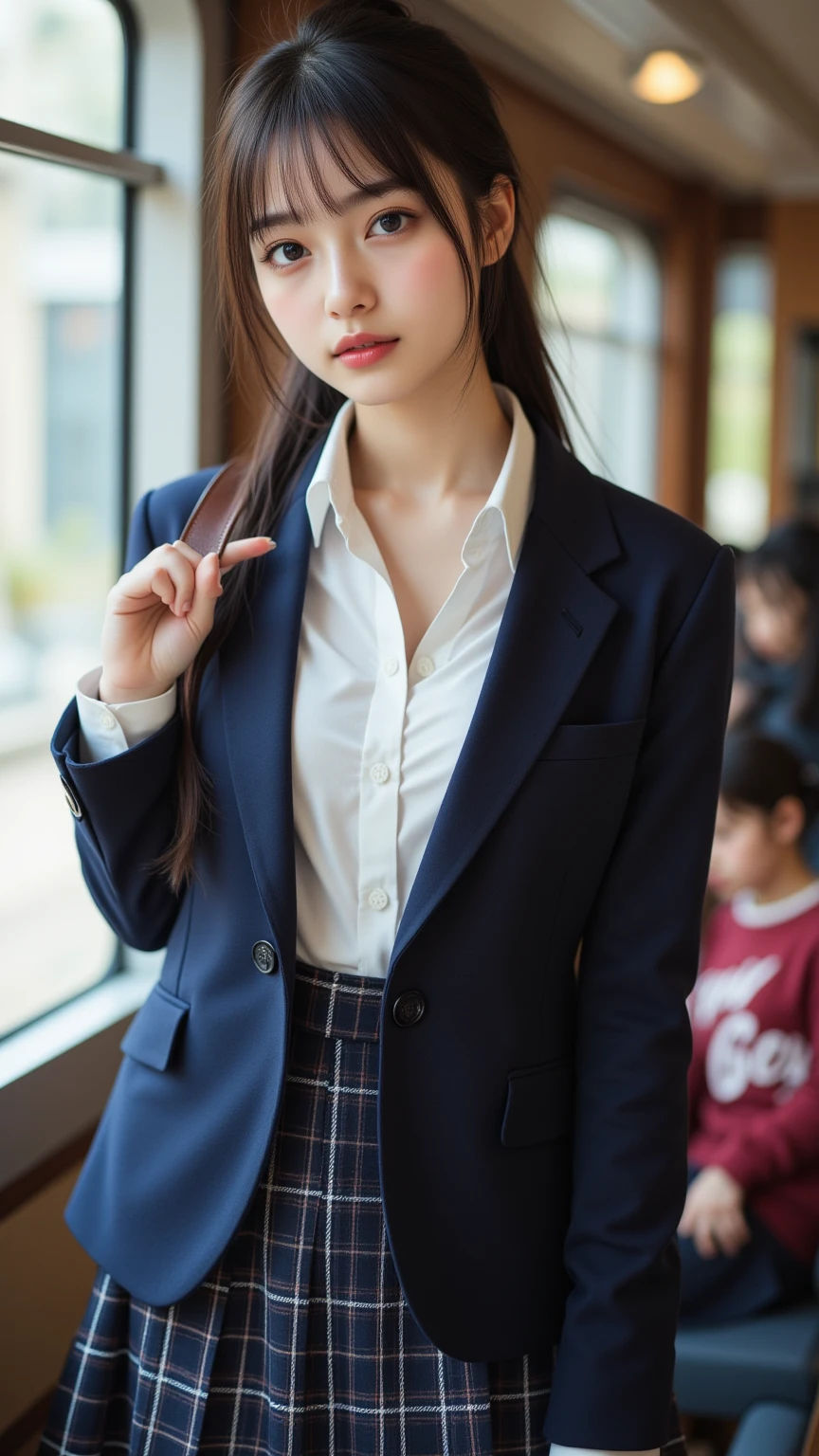 highest quality, shape, Super detailed, small details, High resolution, 8k wallpaper, perfect dynamic composition, beautiful detailed eyes, natural lips, magic school uniform, plaid skirt, school uniform, wearing school uniform, sexy, wearing school uniform, medium breasts, medium backside, full length, 1 girl, loafers, smile, shiny skin, show off sexy white panties, spread your legs, skirt lift, knee up, NSFW,