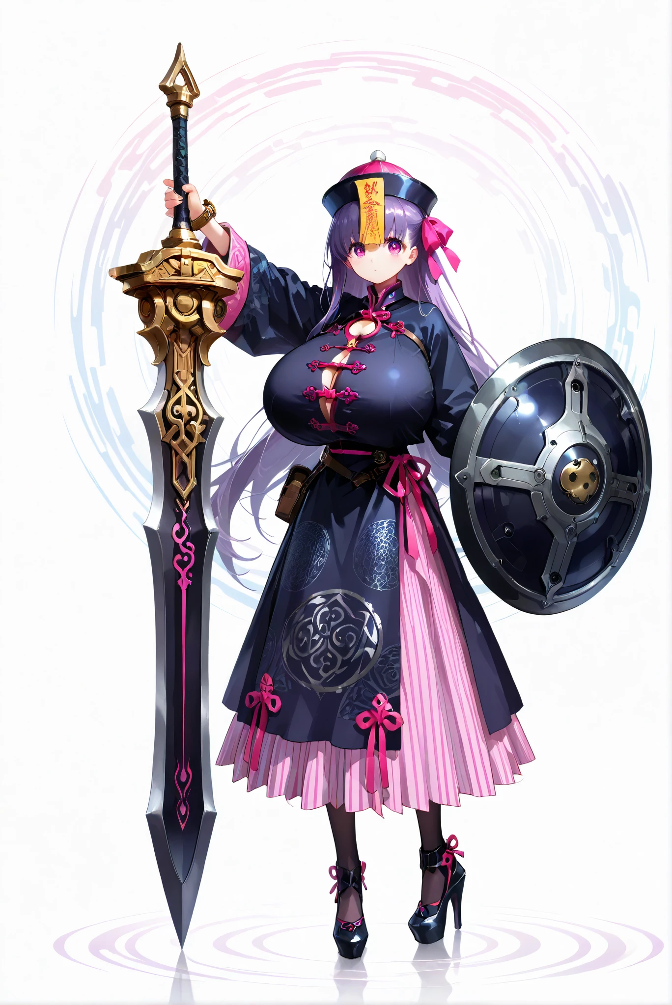 ( white background, stands,whole body, high heels, front view,手持紫色發光寶sword和盾牌,sword與盾,Standing picture:1.7),HoleHeels,oval/Circle/Thorn/Horn Heels,,limited color palette,Colorful, vivid colors ,black light ,watch, Masterpiece, very beautiful ,Passionlip, gigantic breasts, hair ribbon, long hair, pink ribbon, purple hair, ribbon, purple eyes,, , ((Very Large Round Shield)), ((Spiral pattern shield)), Spiral shield \(Swirling bar\), Large shield covering the body, ((Hidden behind the shield)), Defense shield, Spinning circle, Purple shield @_@, ((White spiral)), Surrounding eyes, , 龍殺手之sword-II.v1.0, Holding - Dragon Slayer, Giant Weapon, sword, holding sword, jiangshi ,zombie costume :1.2, Long Skirt Set , Chinese Flag Robe, direction,sword舞,施放法術來召喚多個紫色漂浮sword