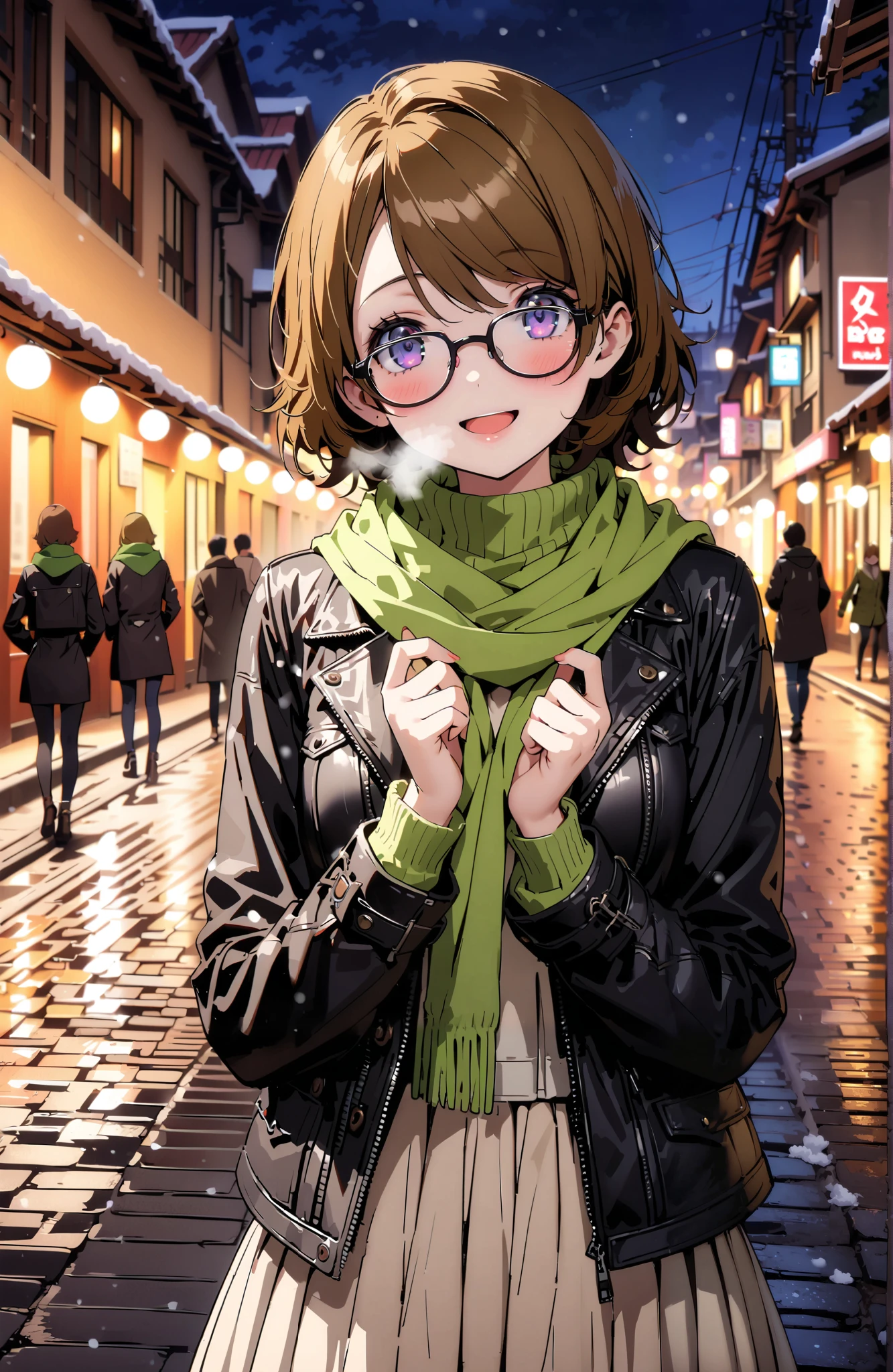 Hanayo Koizumi, short hair , brown hair, purple eyes,Glasses,smile,blush, open your mouth, White Breath,green scarf, black down coat ,( sweater :1.2),( turtleneck:1.2), white long skirt,black pantyhose, Bbo~, standing,snow,night,綺麗なnight景, Beautiful Streetscapes,whole bodyがイラストに入るように,
break outdoors, bridge,
break looking at viewer,whole body,
break ( Masterpiece:1.2), best quality , kampala, Unity 8K Wallpaper ,(shape:0.8),( fine, beautiful eyes :1.6),It's a person ,whole body写真,CG Details , ( perfect hands, complete anatomy),,