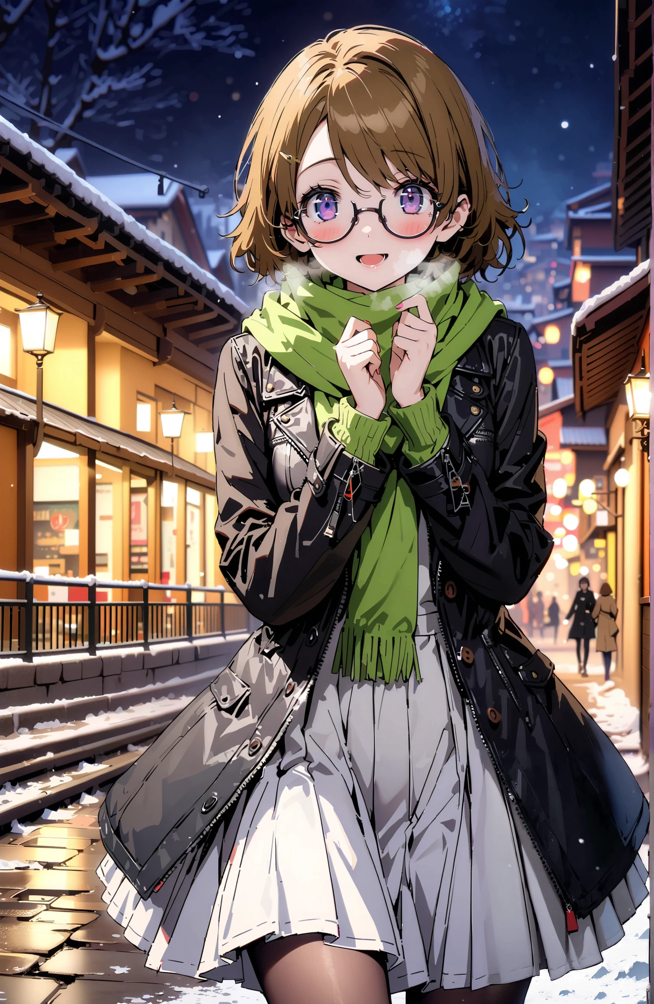 Hanayo Koizumi, short hair , brown hair, purple eyes,Glasses,smile,blush, open your mouth, White Breath,green scarf, black down coat ,( sweater :1.2),( turtleneck:1.2), white long skirt,black pantyhose, Bbo~, standing,snow,night,綺麗なnight景, Beautiful Streetscapes,whole bodyがイラストに入るように,
break outdoors, bridge,
break looking at viewer,whole body,
break ( Masterpiece:1.2), best quality , kampala, Unity 8K Wallpaper ,(shape:0.8),( fine, beautiful eyes :1.6),It's a person ,whole body写真,CG Details , ( perfect hands, complete anatomy),,