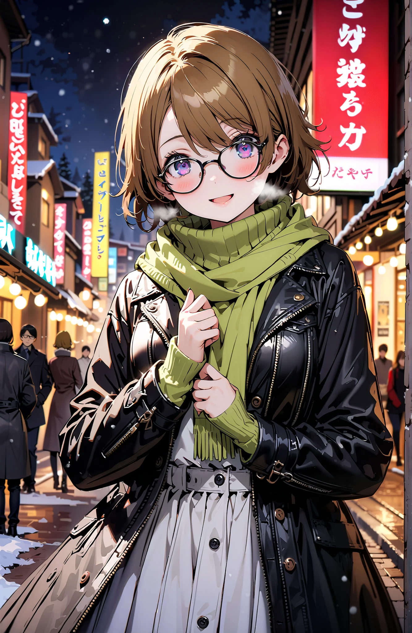 Hanayo Koizumi, short hair , brown hair, purple eyes,Glasses,smile,blush, open your mouth, White Breath,green scarf, black down coat ,( sweater :1.2),( turtleneck:1.2), white long skirt,black pantyhose, Bbo~, standing,snow,night,綺麗なnight景, Beautiful Streetscapes,whole bodyがイラストに入るように,
break outdoors, bridge,
break looking at viewer,whole body,
break ( Masterpiece:1.2), best quality , kampala, Unity 8K Wallpaper ,(shape:0.8),( fine, beautiful eyes :1.6),It's a person ,whole body写真,CG Details , ( perfect hands, complete anatomy),,