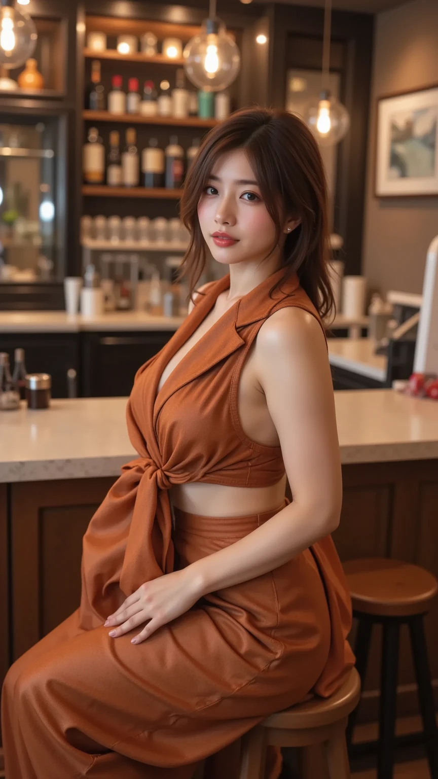 8K quality、High definition、Realistic skin texture、High definitionの瞳、Man sitting、Woman embraced by a man、A female cafe owner seduces a male customer、Brown long hair、、Ring piercing of the earlobe、A neat and tidy beige blouse dress、Dignified face、slender、Model Body Type、Ripe body、Neat 30 year old woman、Off the shoulder、Spread your legs、Spread your legs、Show inner thighs