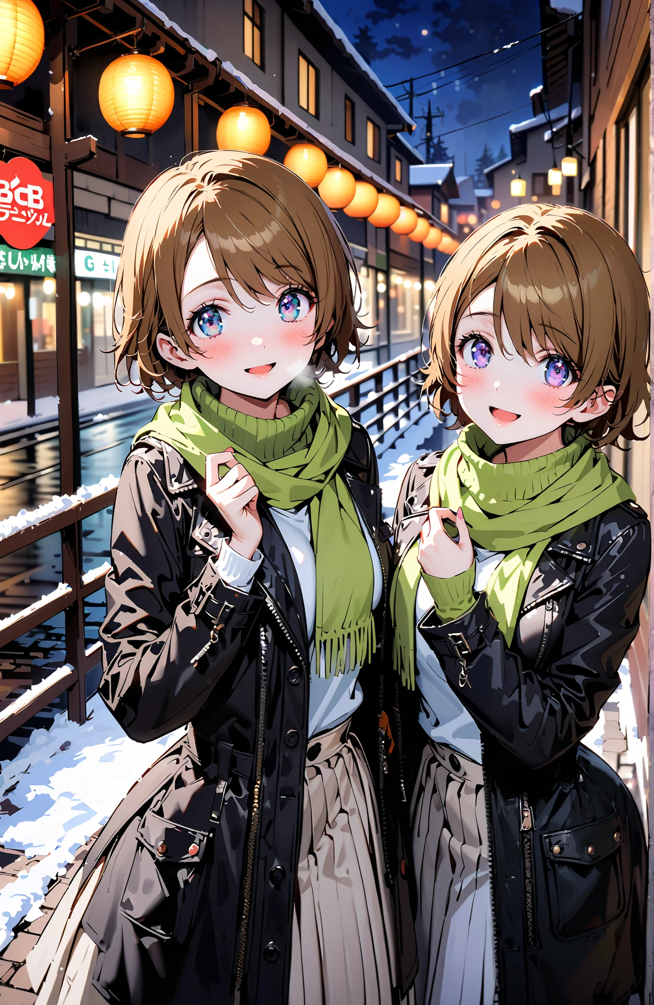 Hanayo Koizumi, short hair , brown hair, purple eyes,Glasses,smile,blush, open your mouth, White Breath,green scarf, black down coat ,( sweater :1.2),( turtleneck:1.2), white long skirt,black pantyhose, Bbo~, standing,snow,night,綺麗なnight景, Beautiful Streetscapes,whole bodyがイラストに入るように,
break outdoors, bridge,
break looking at viewer,whole body,
break ( Masterpiece:1.2), best quality , kampala, Unity 8K Wallpaper ,(shape:0.8),( fine, beautiful eyes :1.6),It's a person ,whole body写真,CG Details , ( perfect hands, complete anatomy),,