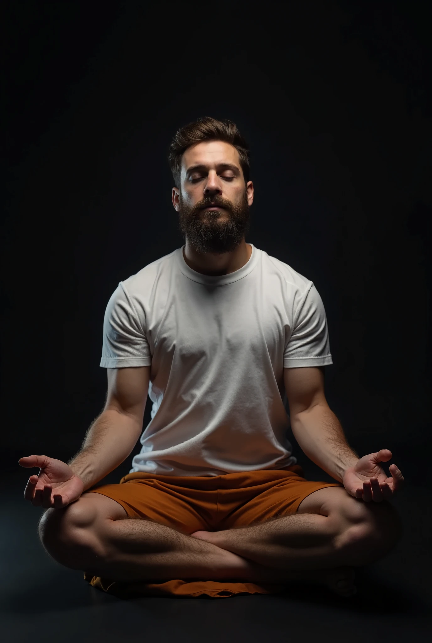 A man with short and straight red hair, a trimmed red beard, in a meditation pose with closed eyes and hands in prayer, wearing light blue pants and no shirt, showing defined abdominal muscles. The image should depict the entire body realistically in a meditation position within a completely white temple setting, featuring white flooring, white stone walls, a white ceiling, and white columns.