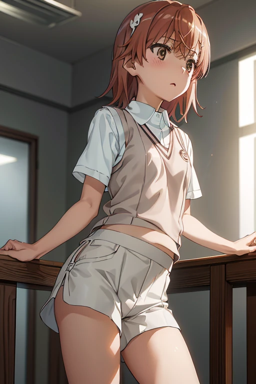 Masterpiece, highres, high Quality, 1girl, clothes lift, lifted by another, skirt lift,, masterpiece, best quality, highly detailed, misaka_mikoto, school_uniform, tokiwadai_school_uniform, white cute panties, flushed face, embarrassed, looking sideways, looking away,