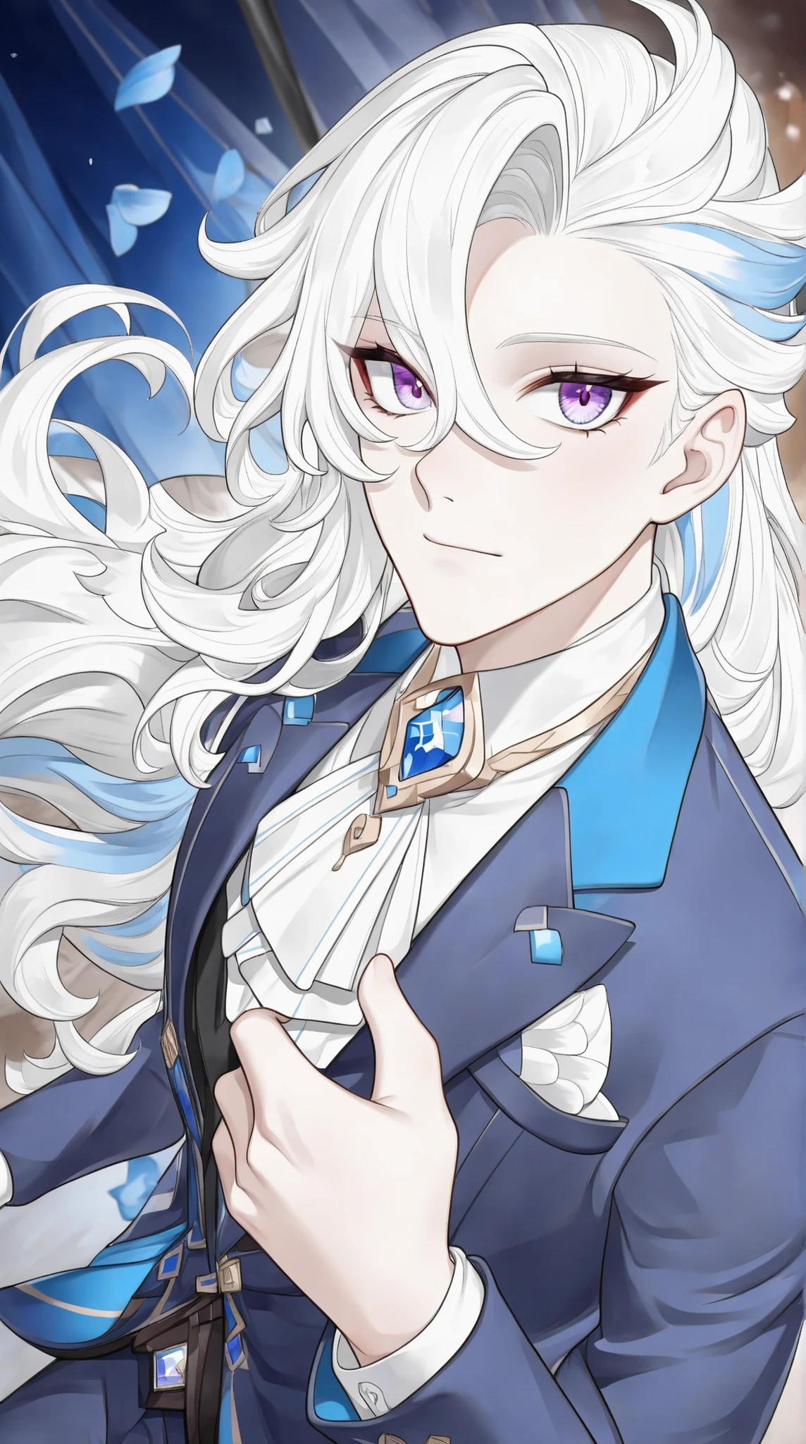 best quality, absurdres, male, Neuvillette Genshin Impact, Long white hair with a single lock of blue underside, pale skin, purple-shaded slit eyes, wearing formal blue suit with varying accents of blue, aloof personality, (solo),dynamic angle, fantastical