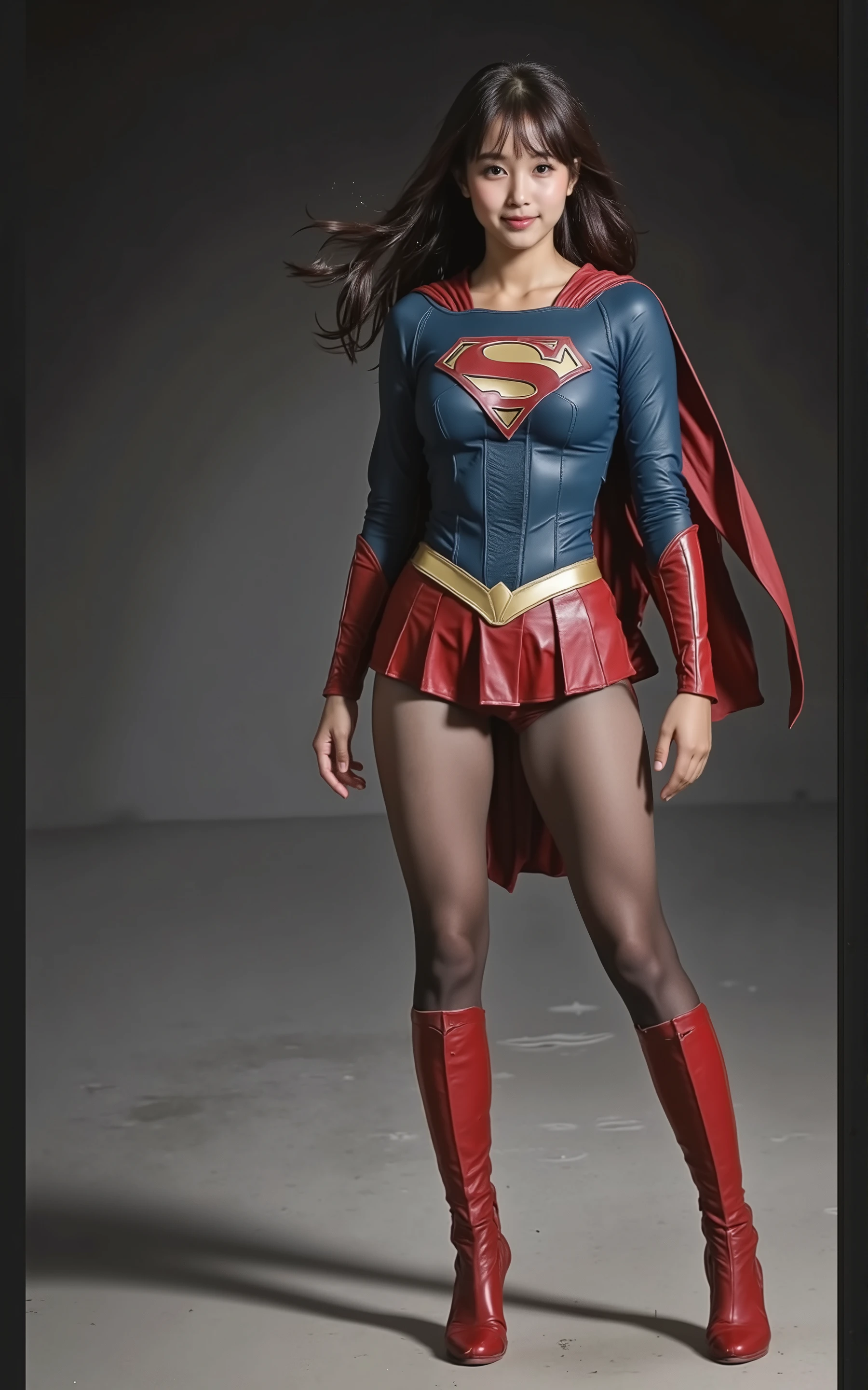 Background、((( BEAUTIFUL LEGS WITH BLACK TIGHTS .)))、((( Legally express the beauty of your smile )))、((((Make the most of )))、((( Supergirl Costume With Her Legs Up )))、(((Beautiful short bob hair)))、(((pain)))、((( wear black tights ....、Wear red boots)))、(( best image quality、8k))、(( best quality、8k、 masterpiece:1.3))、(((Save Background )))、sharp concentration:1.2、 perfect style:1.4、 slim abs:1.2、 wet body:1.5、 Highly Detailed Face and Skin Textures、8k