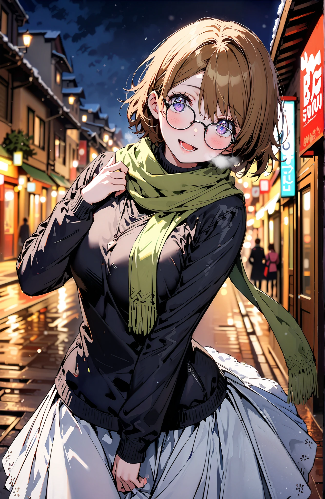 Hanayo Koizumi,Alone, short hair , brown hair, purple eyes,Glasses,smile,blush, open your mouth, White Breath,green scarf,black coat with fur,( sweater :1.2),( turtleneck:1.2), white long skirt,black pantyhose, Bbo~, standing,snow,night,綺麗なnight景, Beautiful Streetscapes,whole bodyがイラストに入るように,
break outdoors, bridge,
break looking at viewer,whole body,
break ( Masterpiece:1.2), best quality , kampala, Unity 8K Wallpaper ,(shape:0.8),( fine, beautiful eyes :1.6),It's a person ,whole body写真,CG Details , ( perfect hands, complete anatomy),,