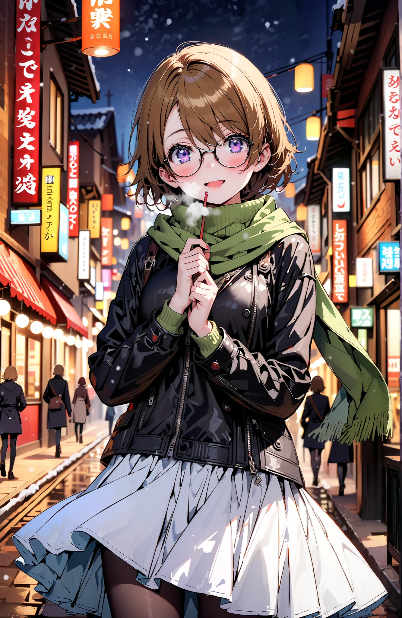  Hanayo Koizumi,Alone,  short hair ,  brown hair,  purple eyes,Glasses,smile,blush, open your mouth, White Breath,green scarf,black coat with fur,( sweater  :1.2),(  turtleneck:1.2), white long skirt,black pantyhose, Bbo~, standing,snow,night,綺麗なnight景, Beautiful Streetscapes,whole bodyがイラストに入るように,                                                                          
break outdoors, bridge,
break looking at viewer,whole body,
break ( Masterpiece:1.2), best quality , kampala, Unity 8K Wallpaper ,(shape:0.8),(  fine, beautiful eyes  :1.6),It's a person ,whole body写真,CG Details , ( perfect hands, complete anatomy),,