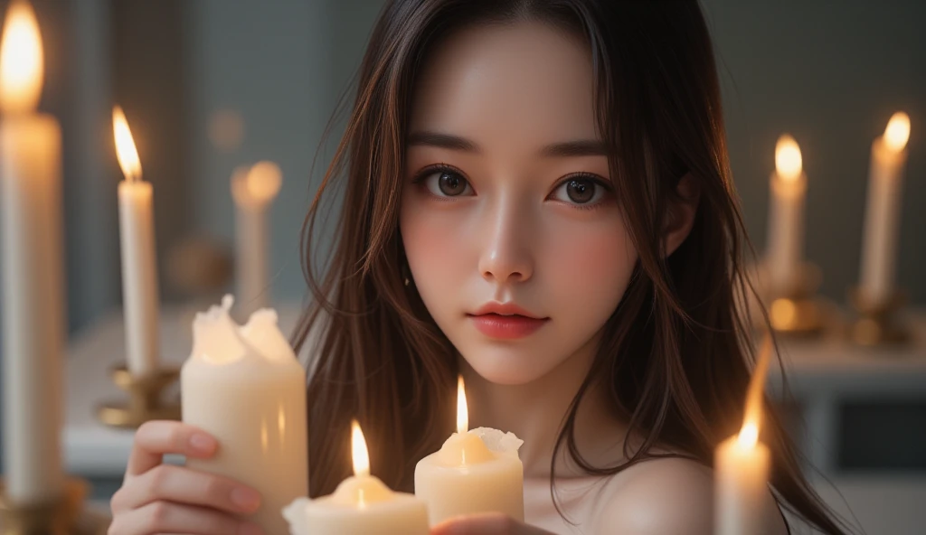 (RAW Photos:1.2), (Photorealsitic:1.4),(intricate detailes:1.2),(masterpiece:1.3),(top-quality:1.4), (超A high resolution:1.2), Cinema Lights, 超A high resolution,(A detailed eye),(detailed facial features),(detailed clothes features), Sweaters, nffsw, 8K resolution, Look at the viewer, Skin Tight, (shinny skin),(Slender girl), dream-like, candles, Candlelight, white blossoms,Constriction, (Super detailed illustration), Bedrooms, straight haired, long, A dark-haired, Black eyes, 1 female, cute little, Innocence, (A smile), (innocent smiles), skinny, inside in room,kawaii pose