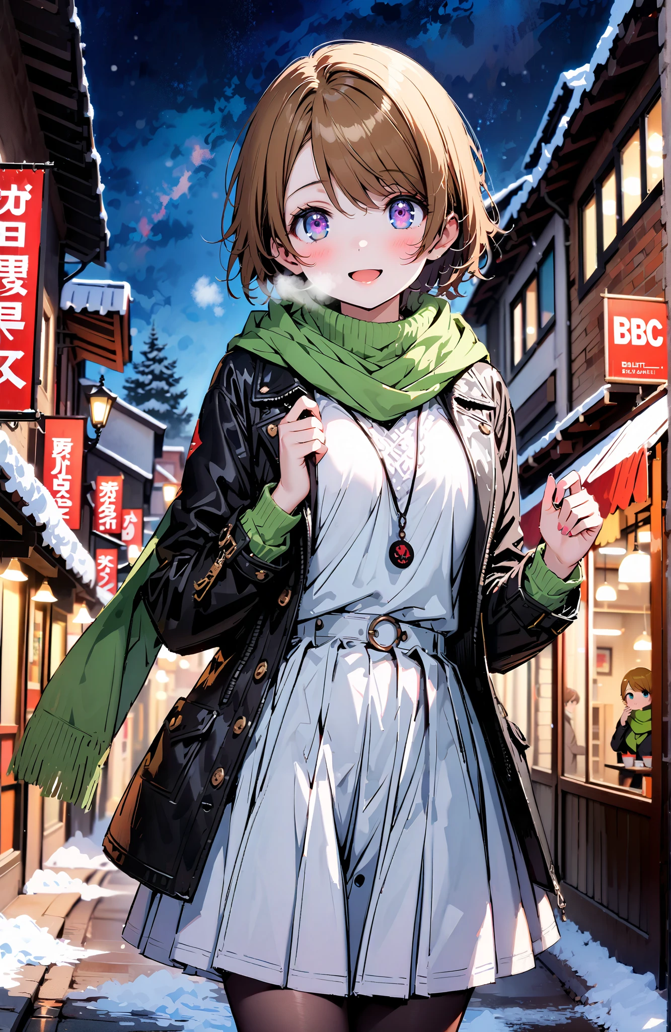 Hanayo Koizumi,Alone, short hair , brown hair, purple eyes,Glasses,smile,blush, open your mouth, White Breath,green scarf,black coat with fur,( sweater :1.2),( turtleneck:1.2), white long skirt,black pantyhose, Bbo~, standing,snow,night,綺麗なnight景, Beautiful Streetscapes,whole bodyがイラストに入るように,
break outdoors, bridge,
break looking at viewer,whole body,
break ( Masterpiece:1.2), best quality , kampala, Unity 8K Wallpaper ,(shape:0.8),( fine, beautiful eyes :1.6),It's a person ,whole body写真,CG Details , ( perfect hands, complete anatomy),,