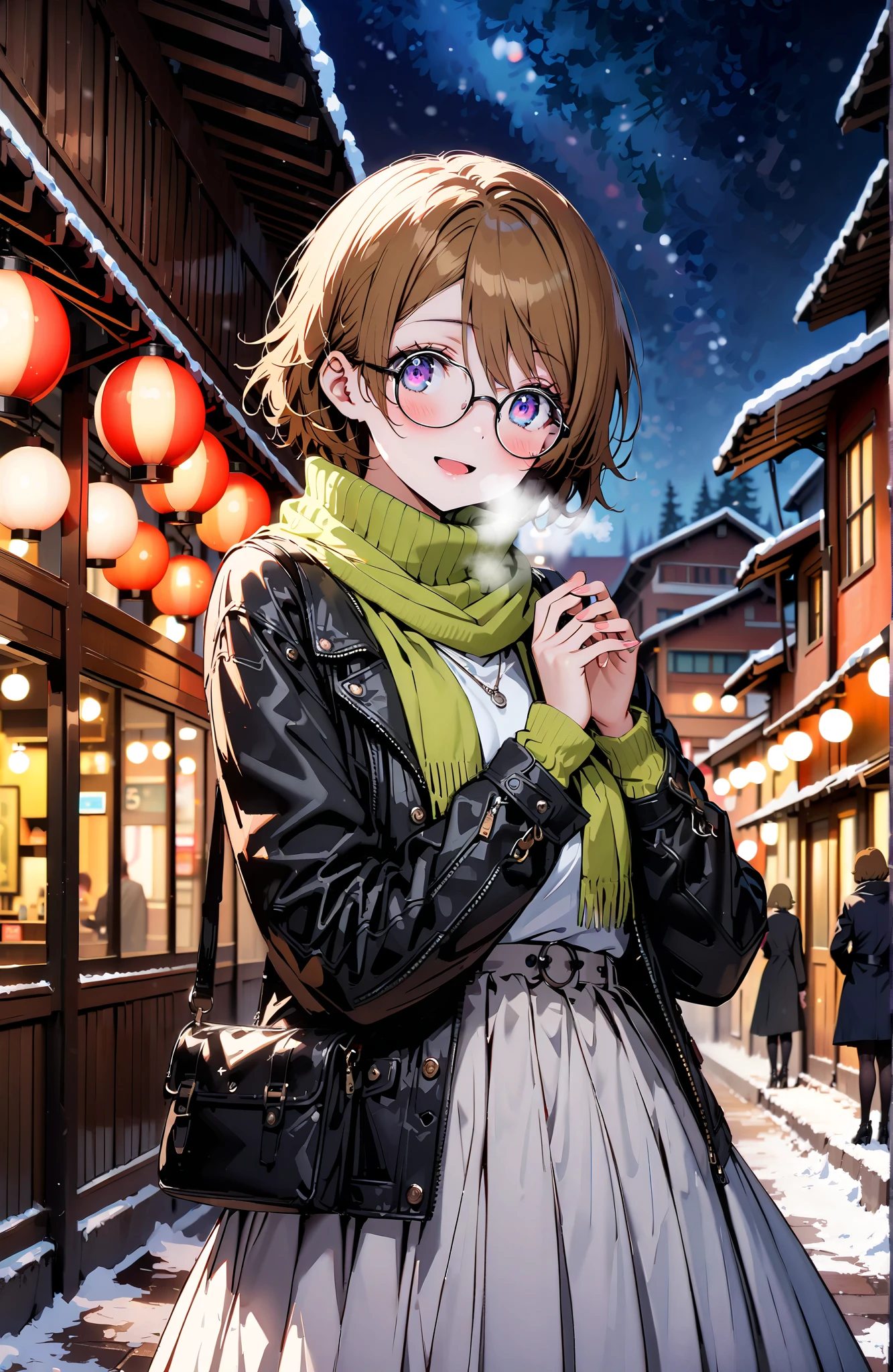 Hanayo Koizumi,Alone, short hair , brown hair, purple eyes,Glasses,smile,blush, open your mouth, White Breath,green scarf,black coat with fur,( sweater :1.2),( turtleneck:1.2), white long skirt,black pantyhose, Bbo~, standing,snow,night,綺麗なnight景, Beautiful Streetscapes,whole bodyがイラストに入るように,
break outdoors, bridge,
break looking at viewer,whole body,
break ( Masterpiece:1.2), best quality , kampala, Unity 8K Wallpaper ,(shape:0.8),( fine, beautiful eyes :1.6),It's a person ,whole body写真,CG Details , ( perfect hands, complete anatomy),,