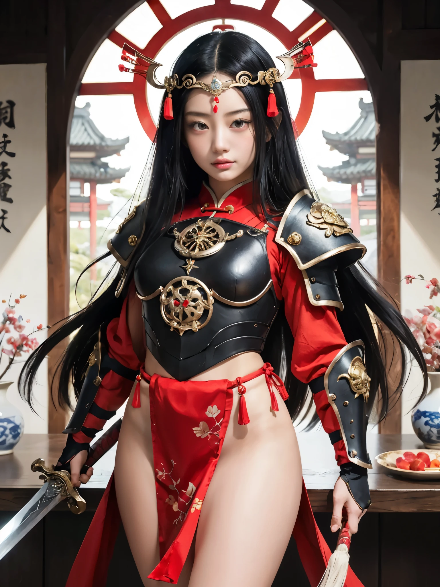 girl, standing, holding sword, sword, snug fit chest plate, feminine black armor, yellow and red-lines accent, long loincloth, traditional japanese-chinese-aesthetic, thighs, hips, v-lines, long straight black hair, looking at viewer, jewelled forehead-headpiece, indoors, big clock, tassels details,