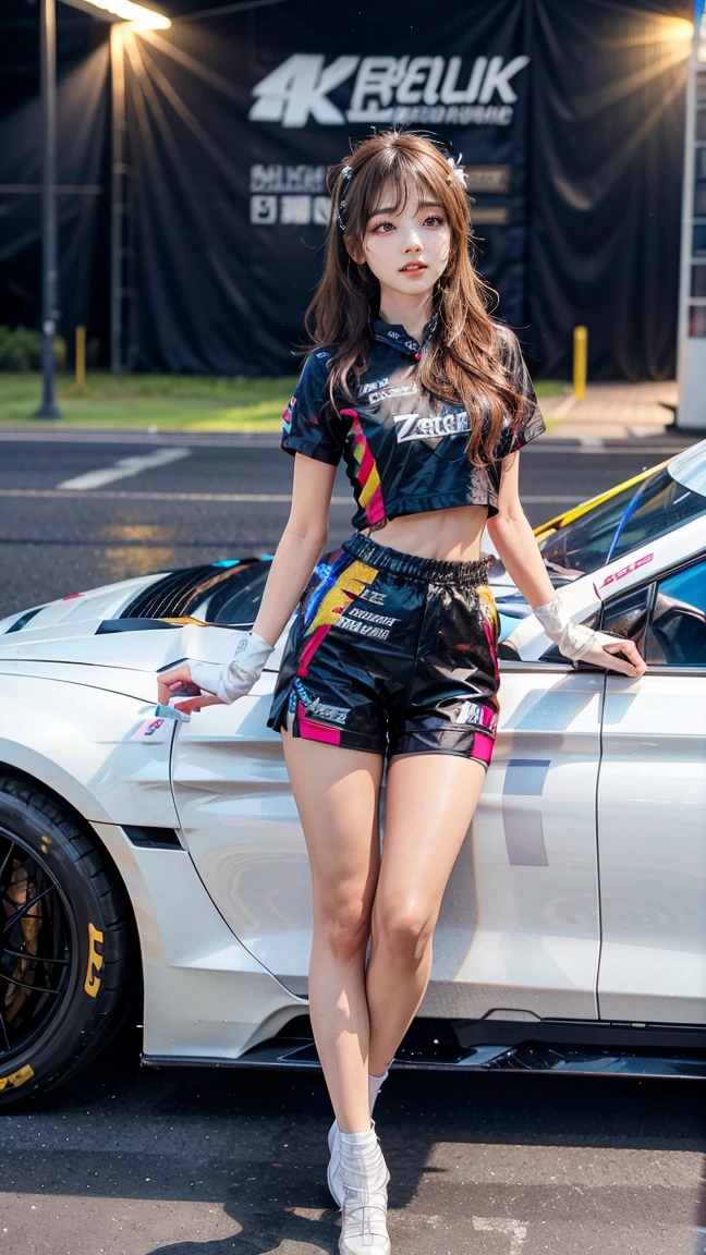 Racing queen, grid girl, skirt, sleeveless, masterpiece , best quality , detailed , Bangs , Miss , Smile
