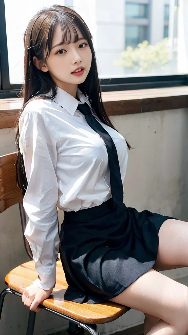 (masterpiece, best quality), Miss, mature female, Delicate, beautiful face,A face in super HD,Very beautiful face,Clear facial visibility,long hair, black hair, straight hair, bangs, beautiful detailed eyes, light smile, shirt, pleated_skirt,Ties, thin black stockings, heels,An empty coffee shop,Lie down,Big boobs,The shirt covers the big bustbare, legs,Ultra HD, textured skin, super detail, highly detail, high quality on a high resolution, 16k,