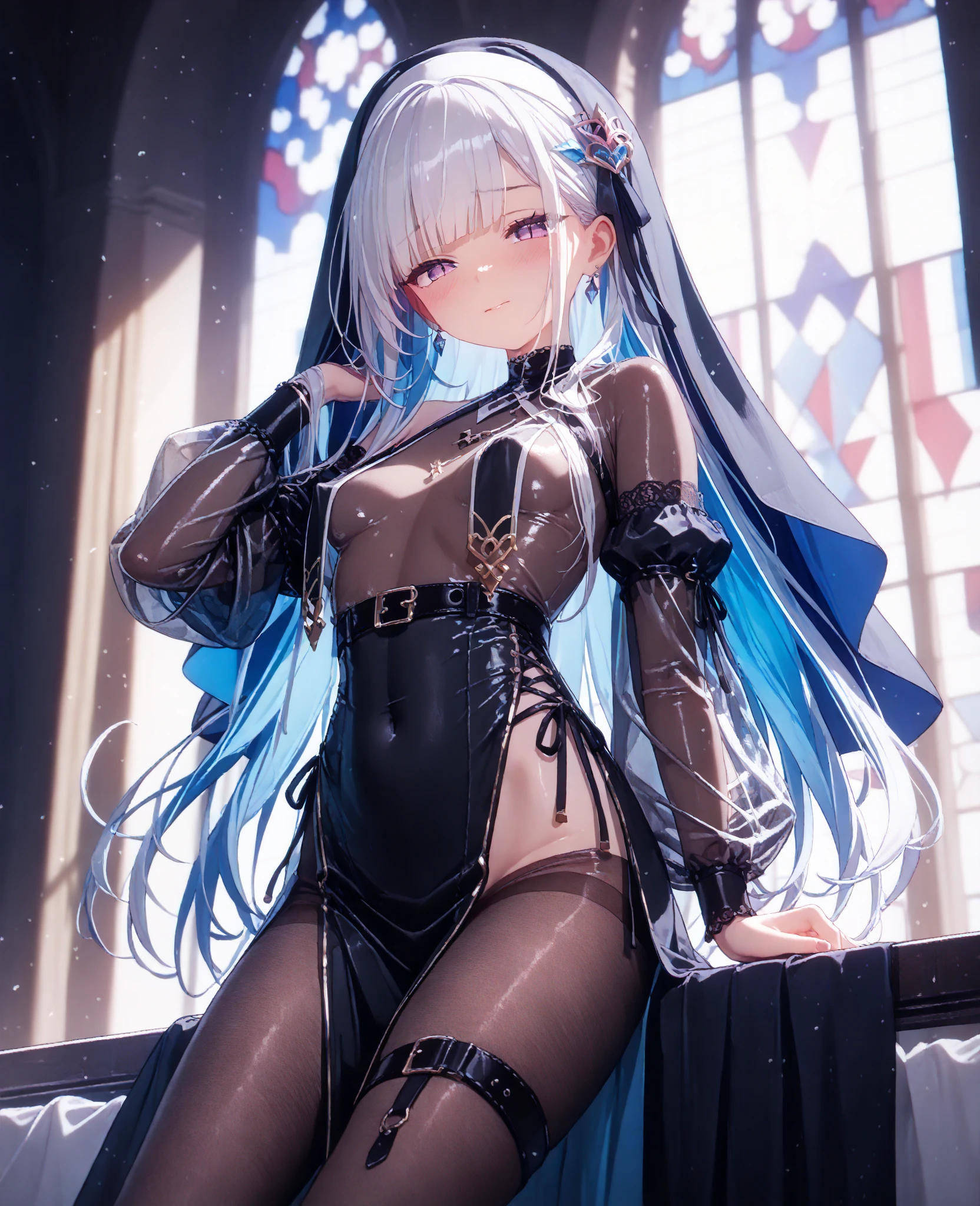 UHD、masterpiece、ccurate、anatomically correct、super detail、bright expression、photorealisim、top-quality、A high resolution、a picture、Photos of the most beautiful Nordic girls、Detailed cute and beautiful face、a small face、(pureerosface_v1:0.008)、Beautiful bangs、alice in the wonderland、20yr old、Glowing white shiny skin、poneyTail、Bangs that extend to the face、bangss、Hair between the eyes、long hair、The most beautiful blue long silky hair in the world、finer hair、Attractive glowing beautiful bright clear light blue big eyes、eye liner、Double eyelids、ample breasts、beautiful thighs、glowing thighs、a very detailed figure of a girl in a sexy clear latex outfit and stockings on a bed, blue hair, thighhighs, blue eyes, navel, looking at viewer, highleg, highleg leotard, black thighhighs, gag, gagged, tape, shibari, bdsm, bondage, bound, restrained, bound wrists, bound arms, bound legs, bound ankles,
