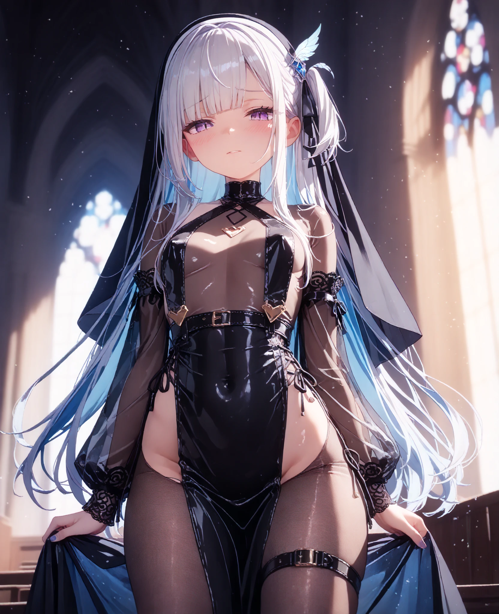 (8k, Best Quality, Masterpiece: 1.2), 2 Females, Mature, (1st Person: White Hair, Black Bare Dress, Thighs), (2nd Person: Black Hair, White Bare Dress, Garterbelt), Cute, Wet, Photon mapping, physics-based rendering, (intricate details, tight clothes, red eyes) staring