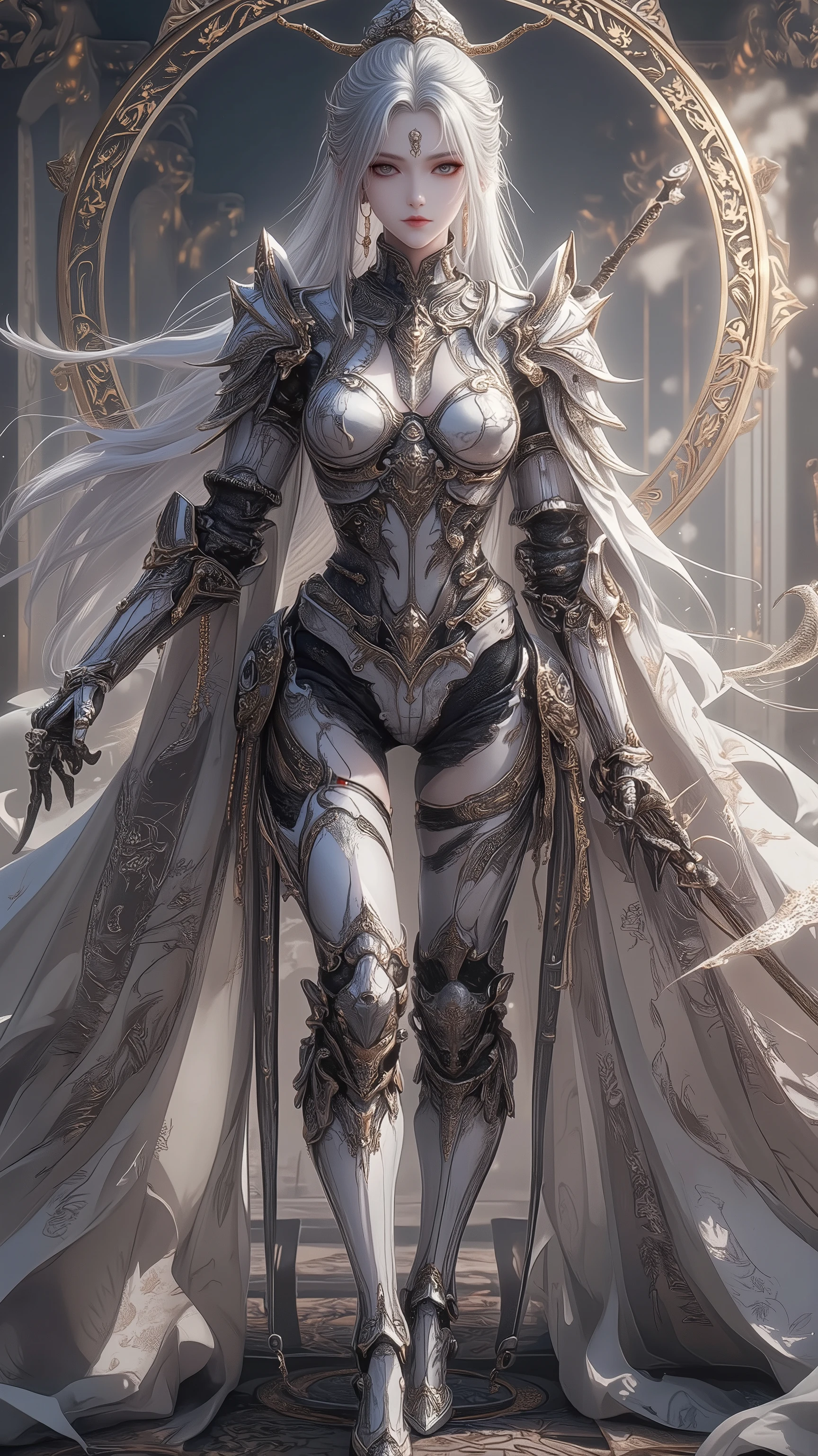 (( top quality)),( super high resolution),( very well detailed),( detailed description ),(( best CG )),( BEST ARTWORK ), Ultra Precise Art , Amazing Painted Art ,( Exquisite Art:1.5), Female Knight, beautiful and well-groomed face, Tight face, Trimmed Shorthair, Heavy Ritual Armor, Exquisitely Carved , Beautifully Embroidered Cloak, majestic circlet,