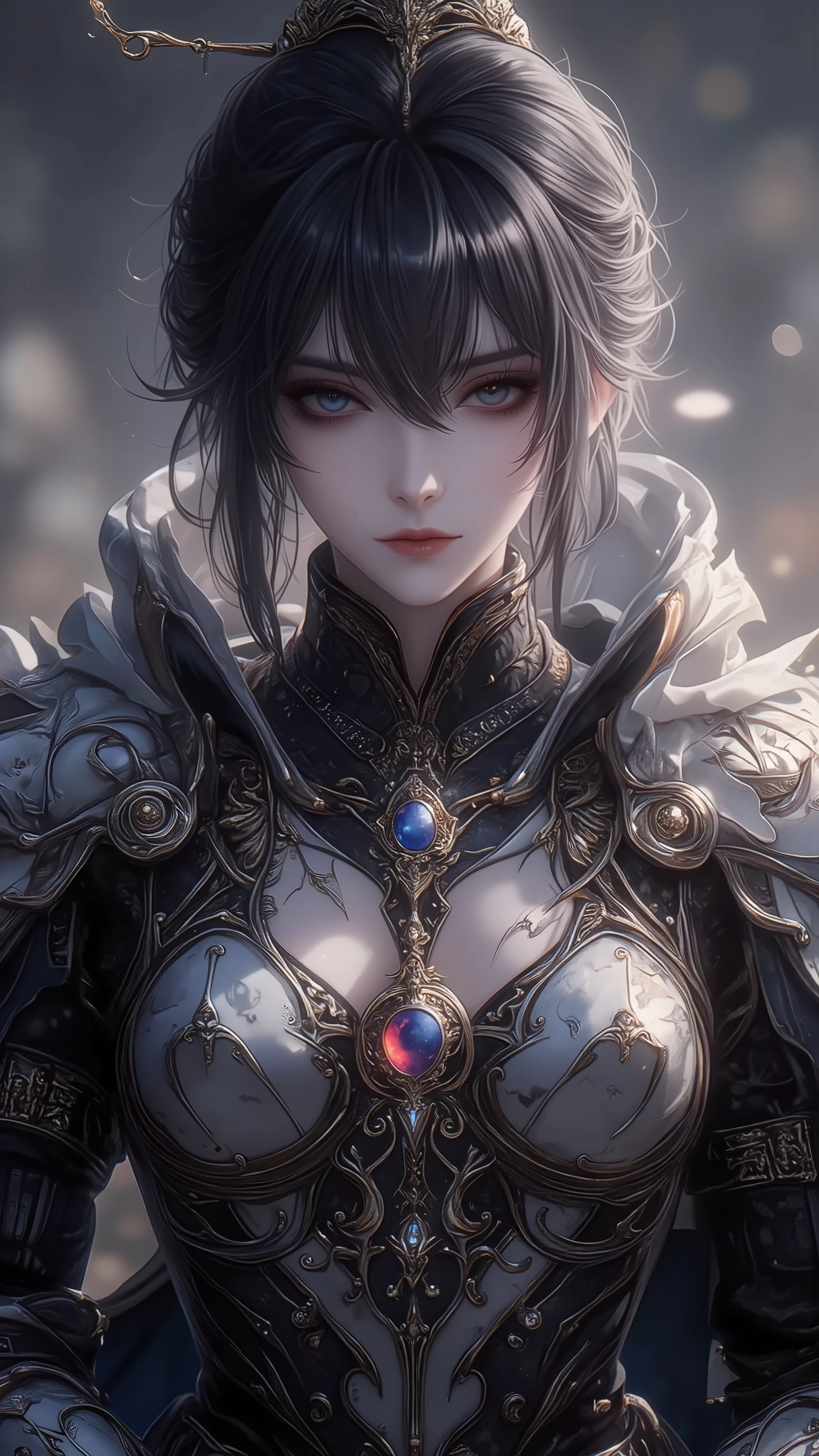 (( top quality)),( super high resolution),( very well detailed),( detailed description ),(( best CG )),( BEST ARTWORK ), Ultra Precise Art , Amazing Painted Art ,( Exquisite Art:1.5), Female Knight, beautiful and well-groomed face, Tight face, Trimmed Shorthair, Heavy Ritual Armor, Exquisitely Carved , Beautifully Embroidered Cloak, majestic circlet,