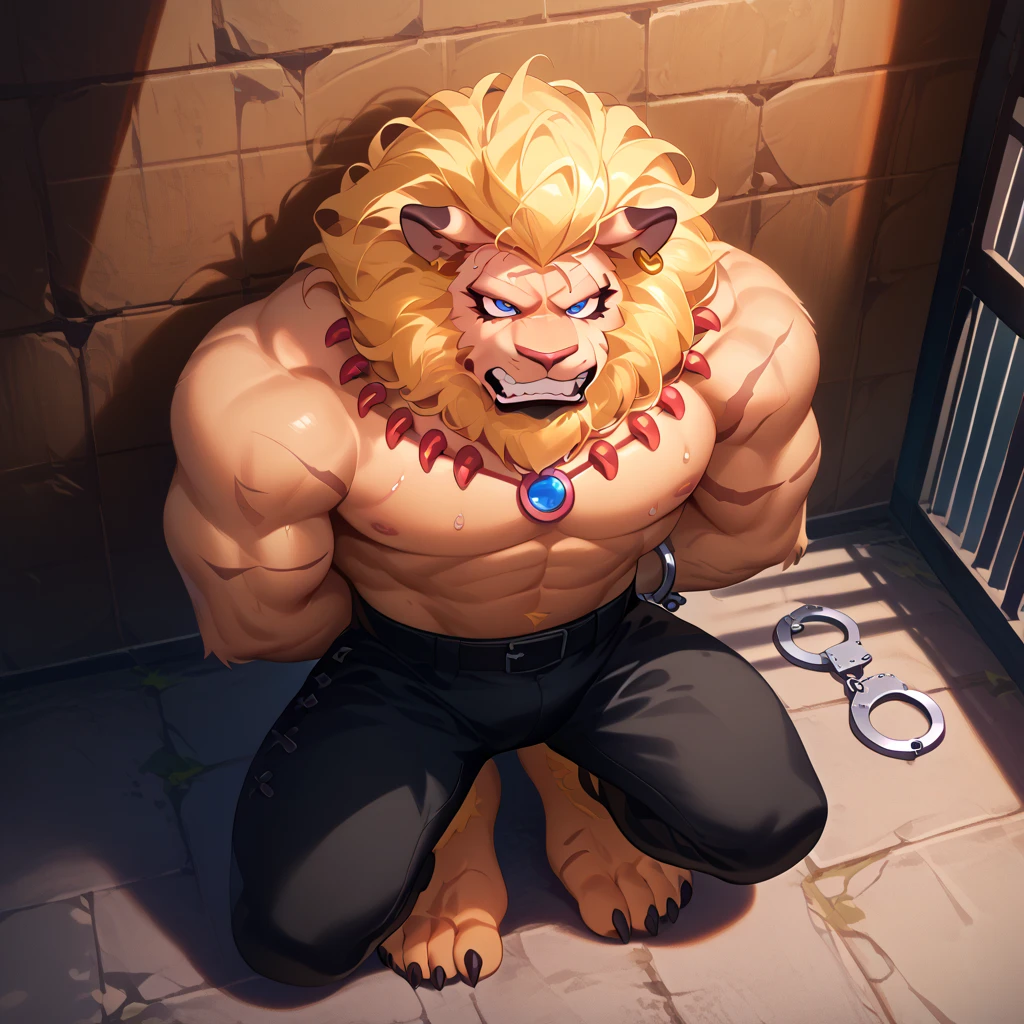 tiger,fur,Black stripes,(he collapsed to the ground, His limbs were pulled by chains:1.5),(There are many chains on the body:1.5),(fall to the ground:1.2),(Feet up),(拟人化的tiger),(Sweat),(Tongue),(A pair of eyes with different pupil colors),(环境是一个黑暗的dungeon:1.5),whole body,HD,hairy,muscle,The chain is pulled,Belly up,(alone:1.5),masterpiece,perfect,perfect的细节,(Normal people's eyes are clear:1.5),(Four legs pointing to the sky:1.5),ripped clothing,Alone alone,(dungeon,Dark and damp,musty:1.8),(a lot of chains:1.3),(big dick:1.3),SFW Version