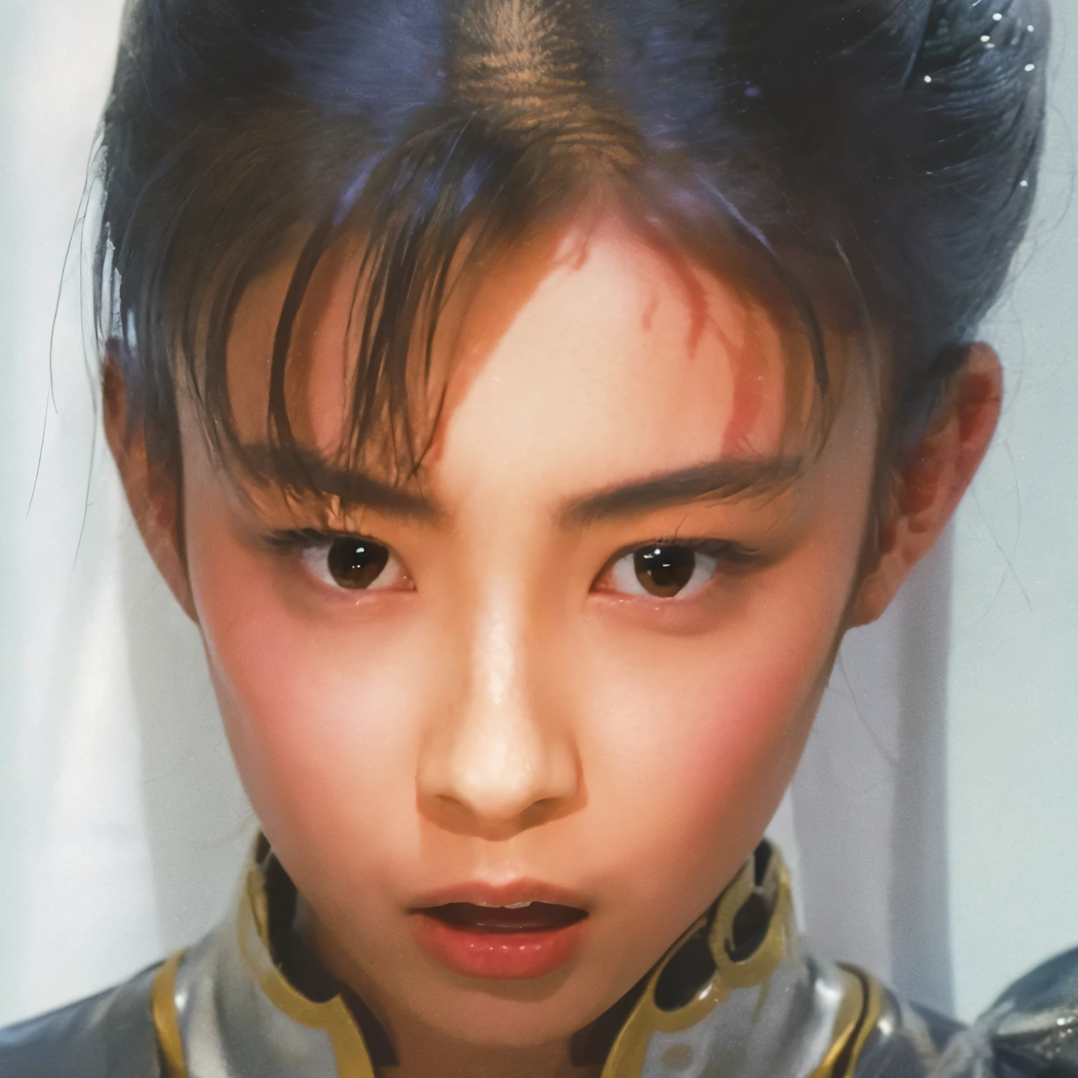 Extremely surprised expression and surprised expression , surprised by opening her eyes wide , faces with pubic hair, high resolution, masterpiece, Chunli, Silver Outfit, There is a lot of mud and Bruises on his face , Bruises, stains, I'm tormented by a sense of defeat, painful expression , There is an energy sphere shining blue between her hands
