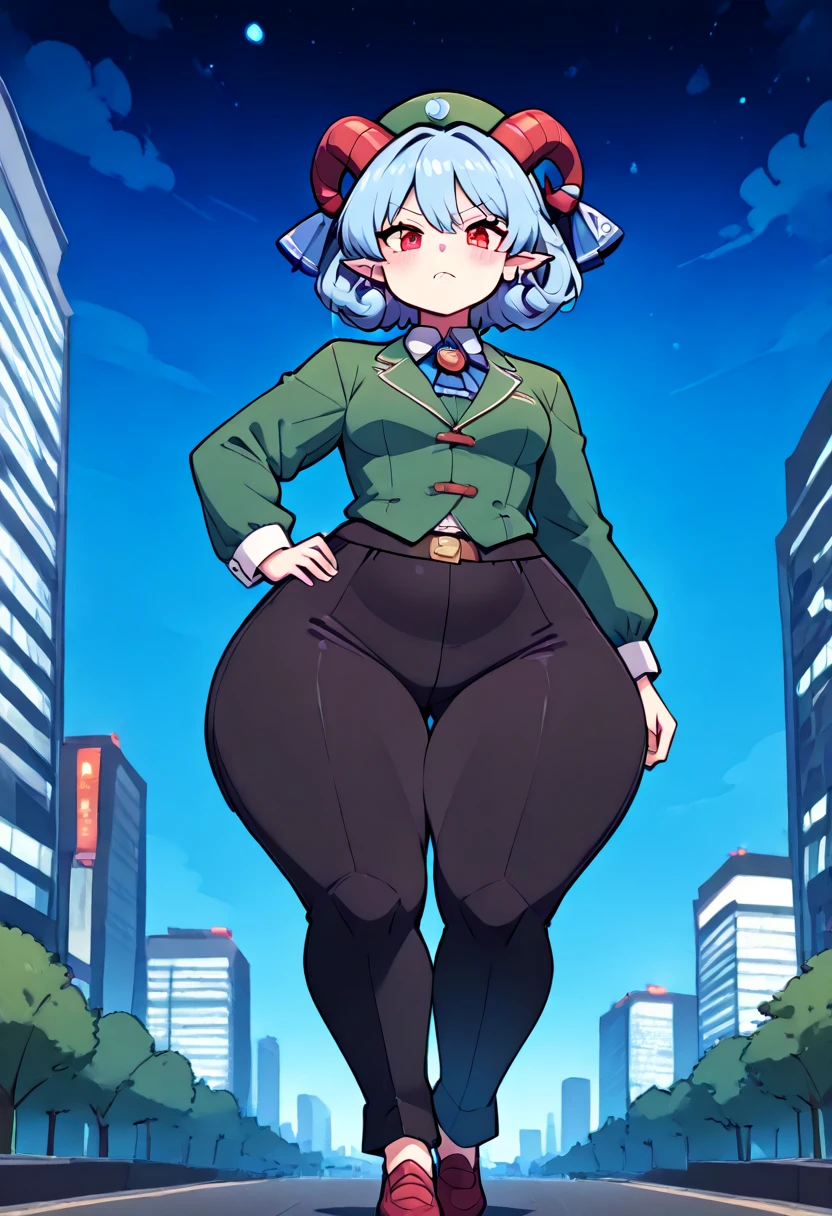 ((best quality, 4k, 8k, anime bishoujo, one girl, masterpiece), ((((beautiful extremely detailed face)))), (detailed eyes), red eyes, natural lighting, ((giantess, GTS, taller than a building)), ((yuuma toutetsu, yuuma)), (wavy hair, short hair, light blue hair, curved red horns, ((headwear, green beret hat)) ), (((green business suit, blazer, long pants, black pants))), ((small breasts, SSBBW, chubby, hyper bottom heavy, wide hips, hyper hips, blimphips, hyper thighs, blimpthighs, ((extremely wide waist)), )), natural lighting, ((detailed background, night sky, city lights, trees)),