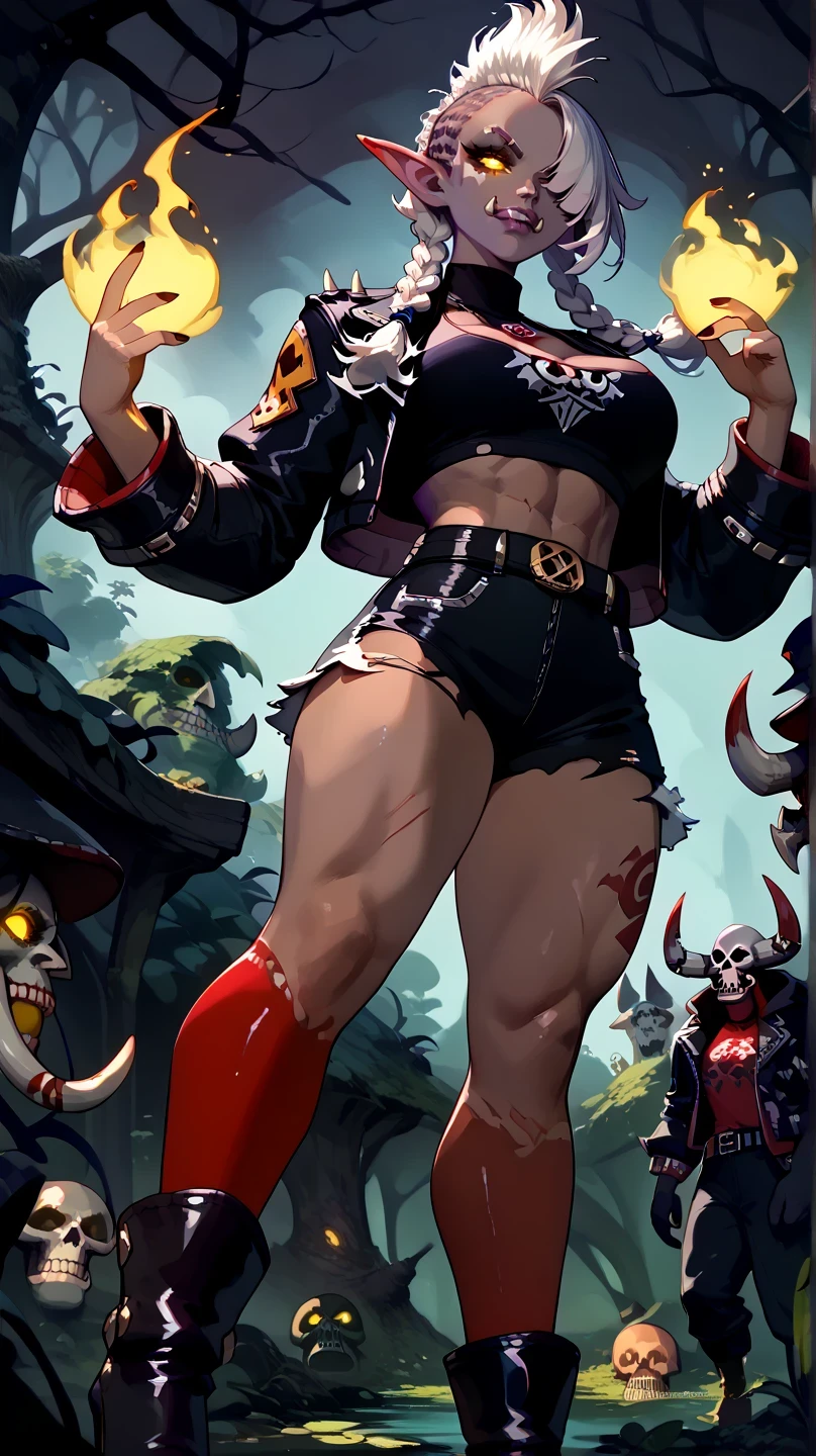 ((Trolls
large pointed ears, large nose, fangs
tusks, sexy beautiful female troll, toned body,, curvy, dark purple skin, white hair, (big high flipped mohawk with braids hairstyle:1.4), tribal tattos, sexy, ((very dark purple skin:1.1)) (dark purple skin:1.1) big tusks, raised eyebrow, fierce, powerful, menancing, grim, yellow glowing eyes, dark, evil, macabre, ,. voodoo shaman troll, whitch doctor, shadow hunter. highly detailed face, dynamic posing, from below, battle ready, ((in a dark swamp)) covered in blood, full of scars, scars over eye, red_tribal tattoos, shredded abs, revealing armor, sexy, ((Wearing skulls, bones and ribcage, bone armor:1.2)))) wastelands, (lucy_(\zenless_zone_zero)\black jacket, long sleeves, open jacket, mask around neck, half gloves, black shirt, crop top, midriff, black shorts, denim shorts, high heels boots, knee boots, torn shirt) (burnice, black jacket, cropped jacket, long sleeves, fingerless gloves, black tube top, turtleneck, cleavage, midriff, belt, black skirt, black thighhighs, red thigh strap)