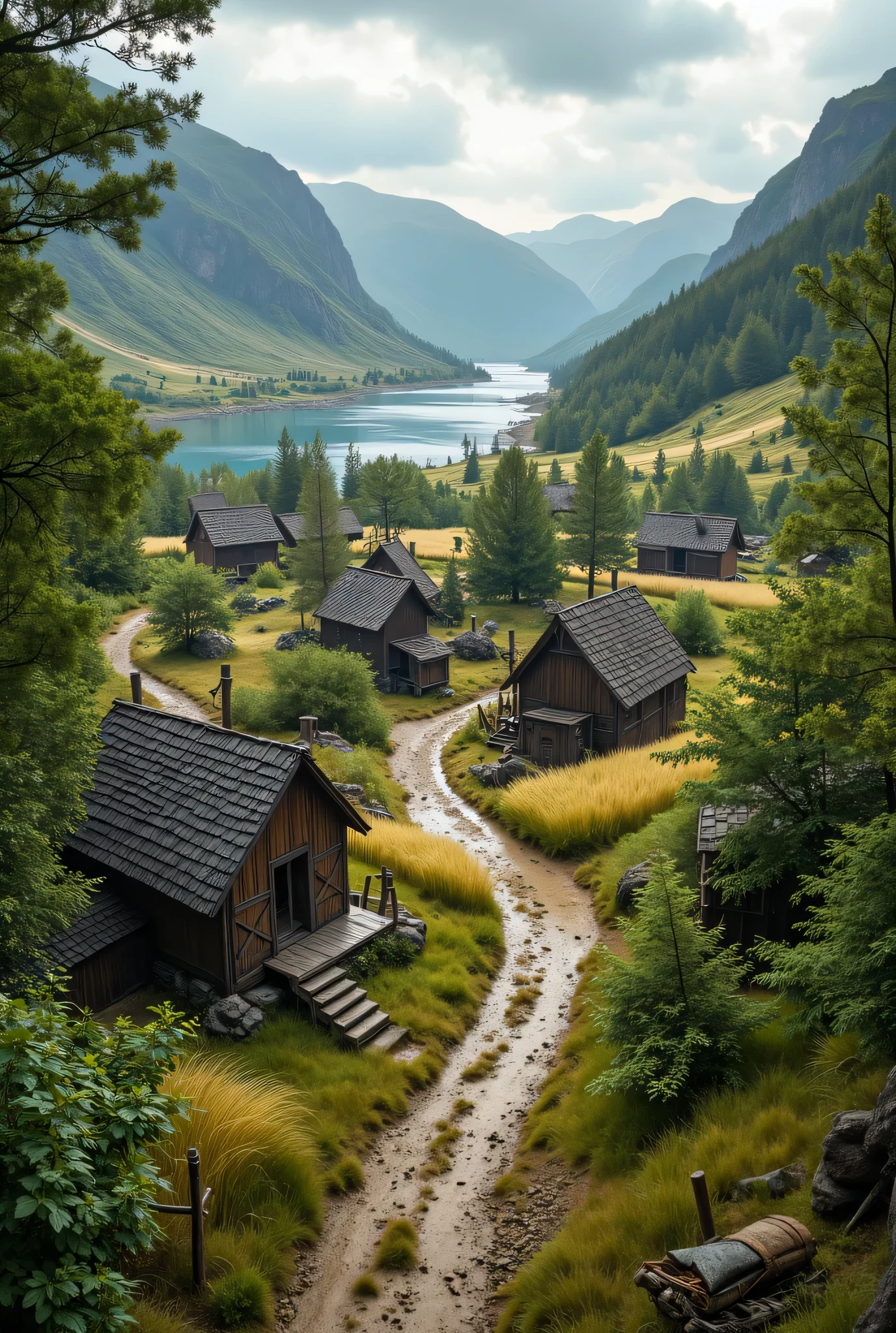 **Prompt:** medieval era, Capture a stunning ultra-definition photograph that embodies the essence of a hyper-realistic crowdy Viking village settlement nestled in a serene fjord. Muddy road, and Utilize a National Geographic documentary photography style to reveal the intricate beauty of this untouched natural landscape. Focus on the vibrant colors of the surrounding foliage, emphasizing the delicate textures of leaves and wheat fields swaying gently in the breeze. Create a dynamic interplay of light and shadow, incorporating a mixed lighting concept that brings depth and clarity to the scene. Aim for an award-winning composition that invites viewers to fully immerse themselves in the tranquil beauty of this unique environment, presenting the final image in pristine RAW format to showcase every detail of this extraordinary fjord life.