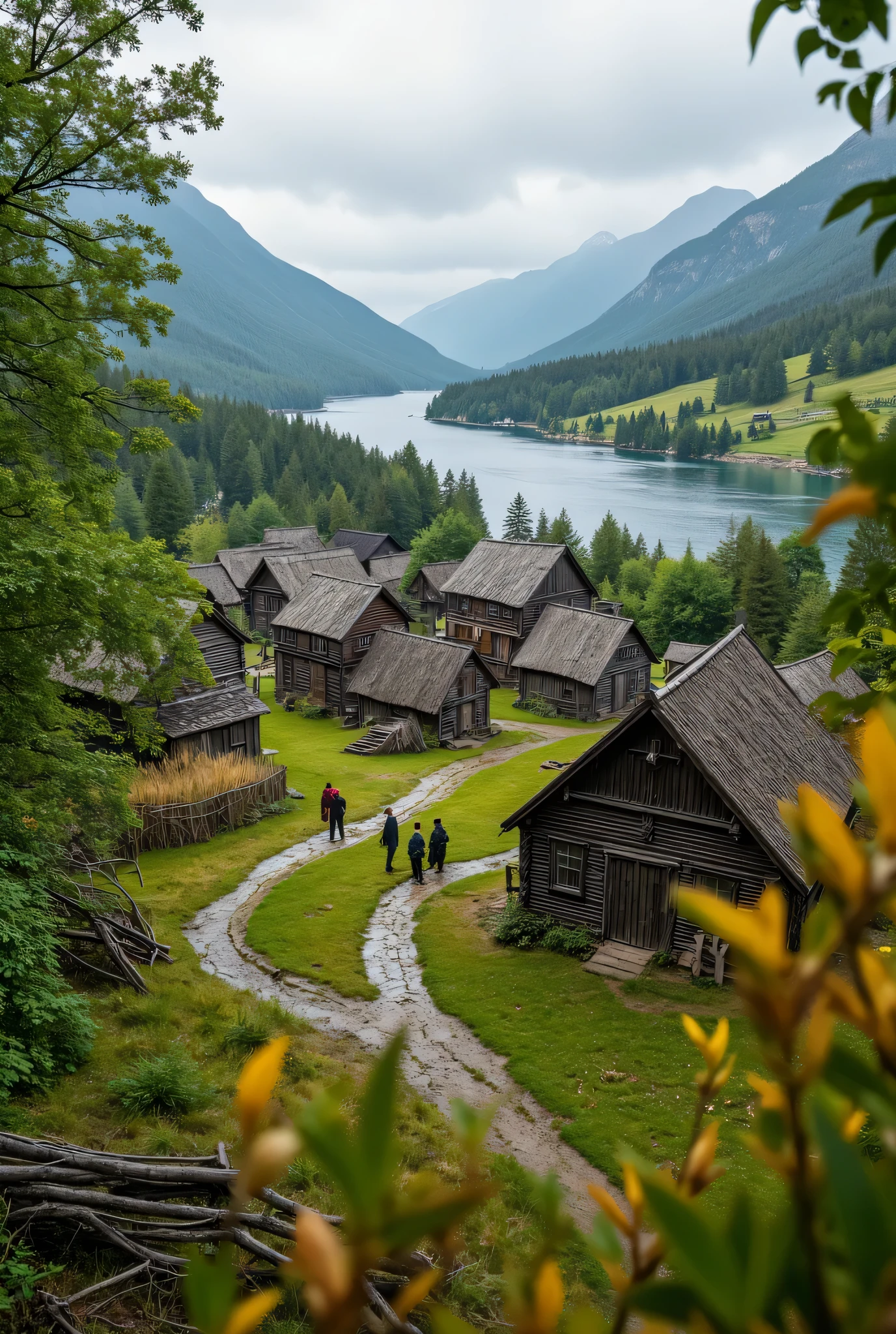 **Prompt:** medieval era, Capture a stunning ultra-definition photograph that embodies the essence of a hyper-realistic crowdy Viking village settlement nestled in a serene fjord. Muddy road, and Utilize a National Geographic documentary photography style to reveal the intricate beauty of this untouched natural landscape. Focus on the vibrant colors of the surrounding foliage, emphasizing the delicate textures of leaves and wheat fields swaying gently in the breeze. Create a dynamic interplay of light and shadow, incorporating a mixed lighting concept that brings depth and clarity to the scene. Aim for an award-winning composition that invites viewers to fully immerse themselves in the tranquil beauty of this unique environment, presenting the final image in pristine RAW format to showcase every detail of this extraordinary fjord life.