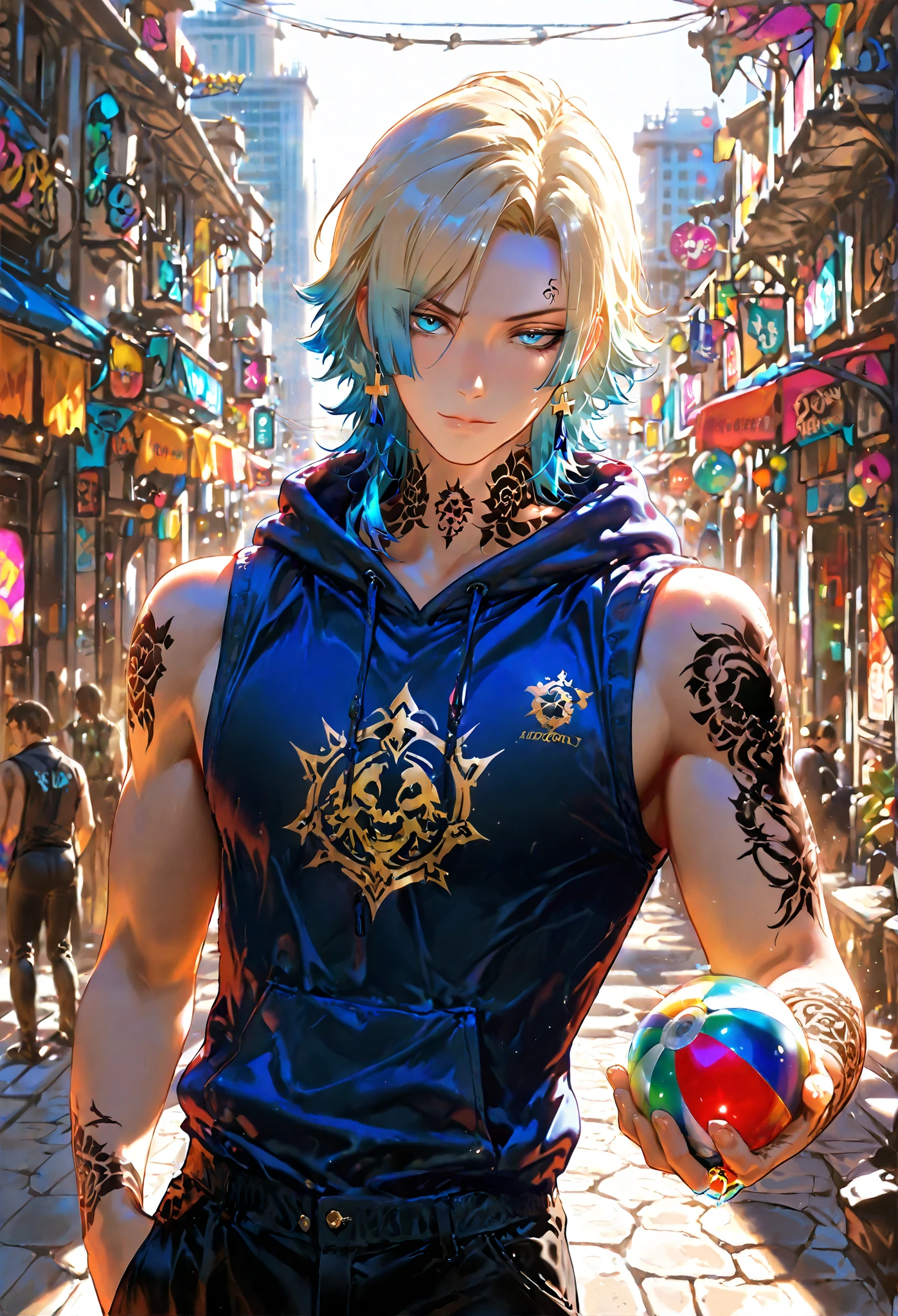 masterpiece,michael kaiser,blue eyes, boy, masculine, arrogant, looking at viewer, front view, blonde hair,blue hair,tattoo,neck tattoo, best quality:1.4), colorful, high contrast, hoodie, sleeveless, black pants, city, ball in hand, day, sunlight