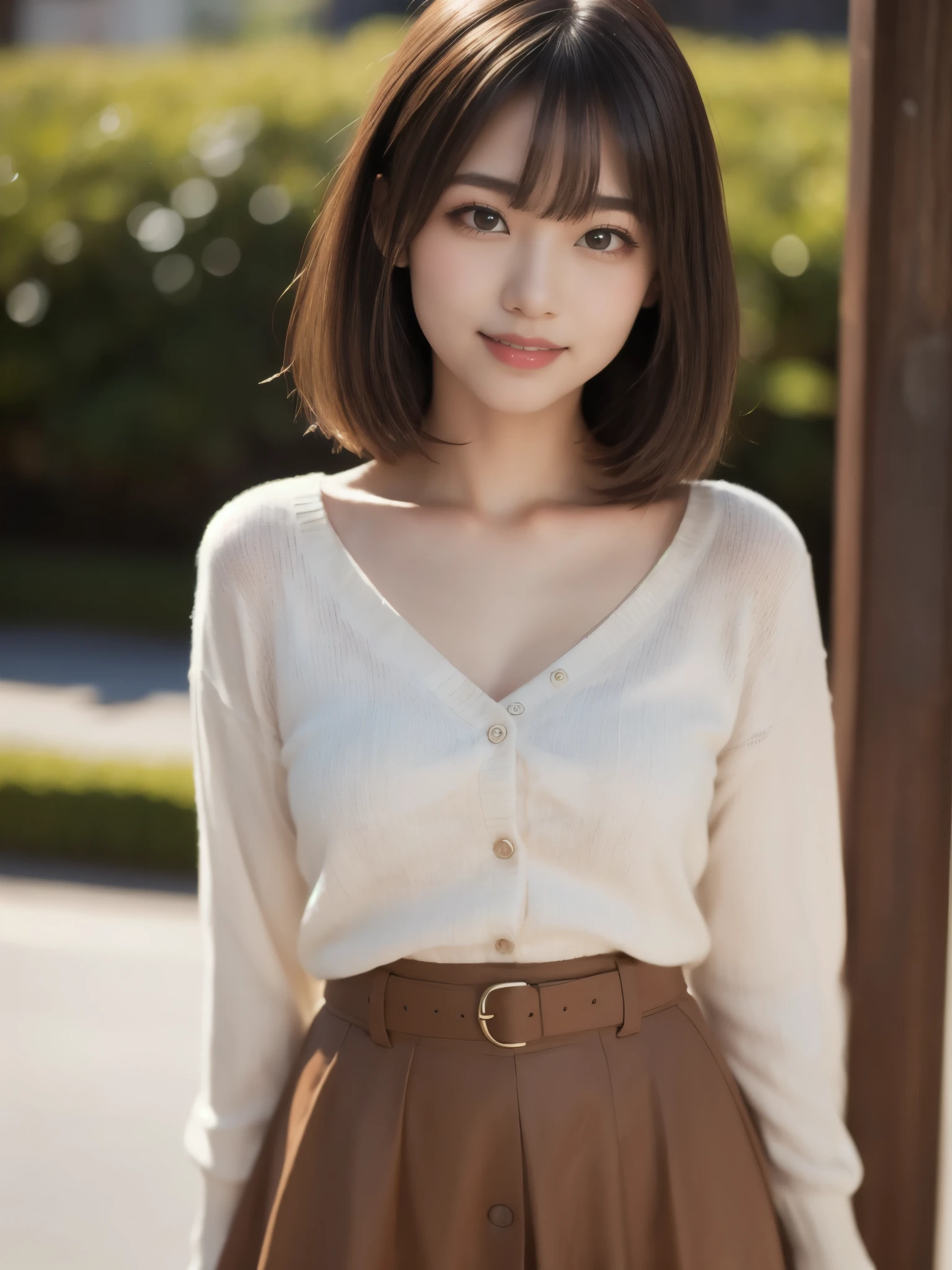 (Raw photo, Best Quality), (Realistic, Photorealsitic:1.3), masterpiece, Extremely delicate and beautiful, Soft light, (Brown hair, Short hair swaying in the wind, Bangs), Beautiful detailed girl, (Detailed fingers), extremely detailed eye and face, beautiful detailed nose, Beautiful detailed eyes, 1 girl, Japanese, Neat and clean beauty, Cute, young, Smile, sweater, skirt, (Half body:1.3), (medium breasts), Realistic face, Realistic body, Outdoors