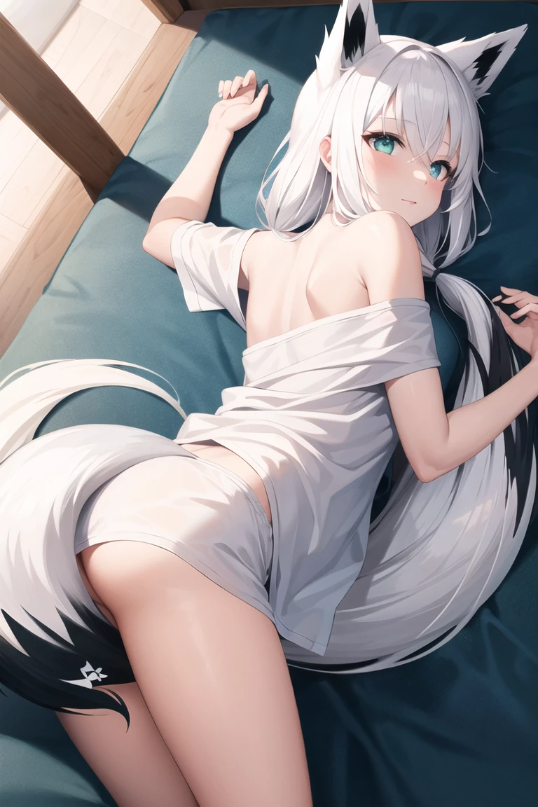 A naked girl sleeping face down on a white wolf,force,Gray background