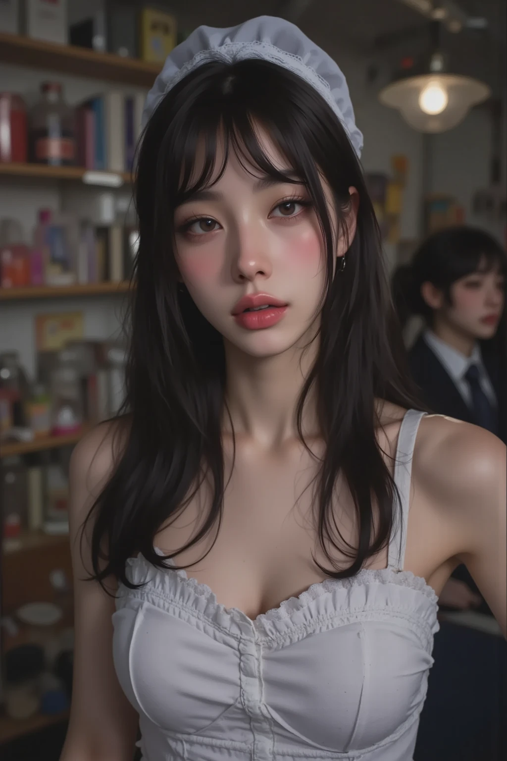 ((Highest quality)), ((masterpiece)) ,((one girl)), (detailed),((in the restaurant)), ((One girl)), ((nude)),((13 years old)),((flat chest:1.5)), (stare at viewer with stern eyes:1.5),((one girl)),(bitting own lip:1.1),(angry:0.9),nose blush,(shamefull:1.2),(bob cut hair),surprised, ((beautiful realistic face)),((A bow tie)),Beautiful Korean Women, Beautiful young Korean woman, Young and adorable Korean face, Gorgeous Young Korean Woman, Korean Girls, Girl cute beautiful face, Portraits of Korean female idols, Young and pretty Asian face, Cute natural anime face,Asian pretty face,((finely detailed face)),((glistening eyes)),((glistening eyes )),((large eyes)),(( pretty eyes)) ,(detailed),Perfect Face,((One girl)), ((clear eyes)),((show nipples)),((beautiful skin)), don't wear anything ,(show nipples),(upper body)