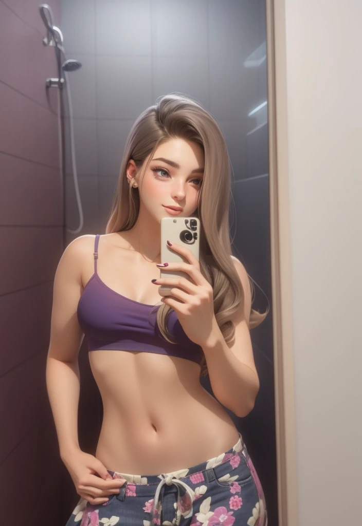 there is a woman taking a selfie in a bathroom mirror, 18 anos, modelo feminino, rosto perfeito e corpo atraentes, rosto e corpo perfeitos, (sem nenhuma deformidade), she is , beleza de cair o queixo, imagem de perfil --auto --s2