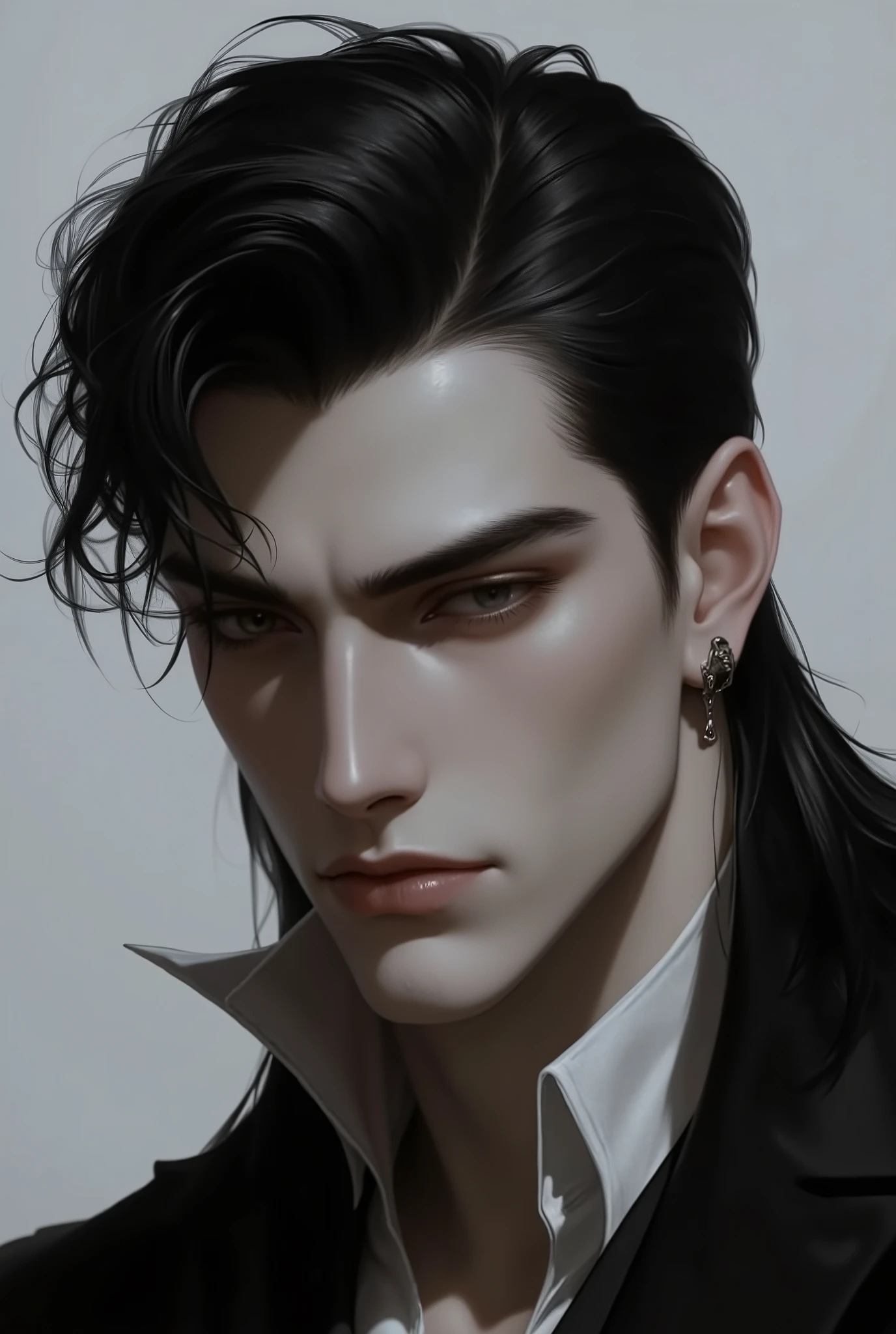 Height: About 1m90, tall but not too muscular, with a natural, powerful demeanor. Hair: Long black hair to the nape of the neck, often a bit messy but still exudes charm. Eyes: Sharp, smoky gray, somewhat mocking and arrogant gaze. Facial features: Handsome, angular face, with a high nose bridge and thin lips that often curl into a half-smile, showing arrogance. Clothing: Usually wears a vest or dark-colored clothes, sophisticated and luxurious.