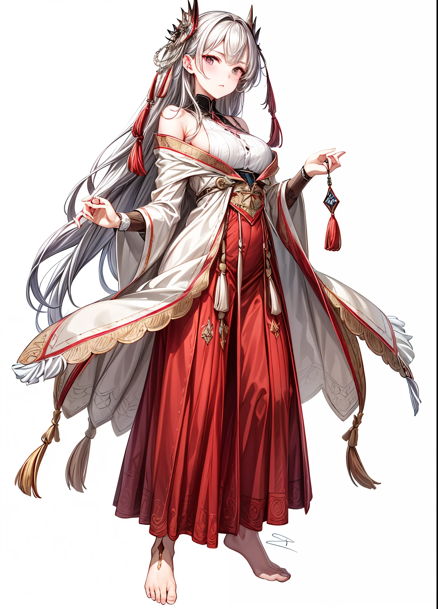 (( masterpiece)), (( best quality)), ((Alone, Mature Woman with Silver Hair )), ((Military Portraits )), Precisely Crafted Silver Hair , Quiet look, Military Uniforms Decorated with Various Emblems , The soft lighting accentuates the cheekbones, Realistic Wrinkles and Fine Lines , High Resolution and Exquisite Shading , Fine Textures , A faint blush, Gentle and Calm Gaze , An accurately drawn military accessory , Realistic Wrinkles on Cloth , Depth of Field Enhances Three-Dimensional Perception .Long hair that reaches the floor,barefoot, red miniskirt