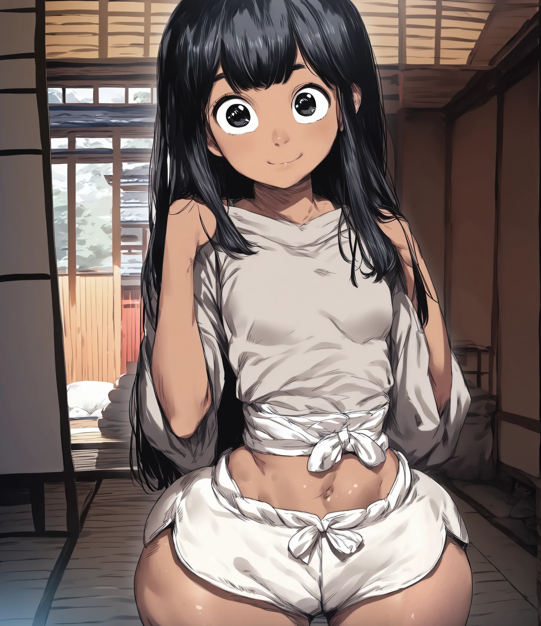((Cute short girl,black hair girl,black hair,long hair,full bangs,cute black eyes,tan skin,wearing dark-grey top,white shorts ,wide hips,small breasts)),(((Background of japanese house inside,normal mood,FRONT VIEW)))