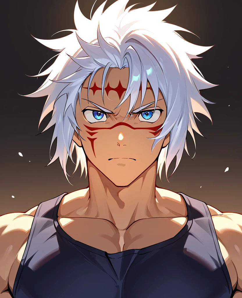 close up, face, highest quality, 8K, high resolution image, Jujutsu Kaisen estilo anime , Arataki Itto, Detailed strokes, nblurry background, purple light reflecting on it , (close up angle), 1 men, Youngh, mascle, role model, front with hand in pants pocket , multicolored background with various geometric shapes , round stickers, brawny, red and white hair, swollen chest, wearing a tight shirt , striking eyes , with the shirt, swollen chest