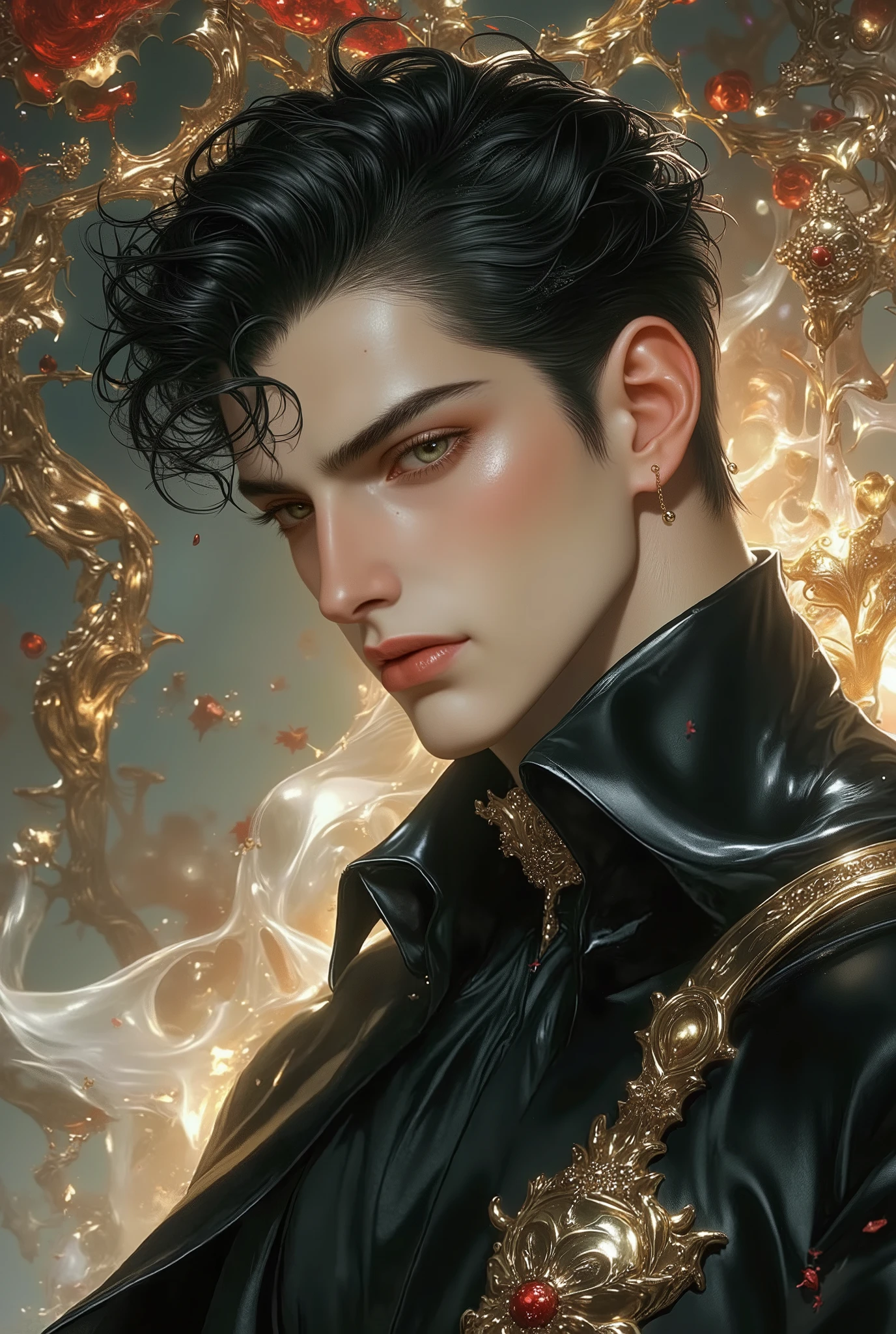 A close up of a man in a black jacket with gold decorations - SeaArt AI