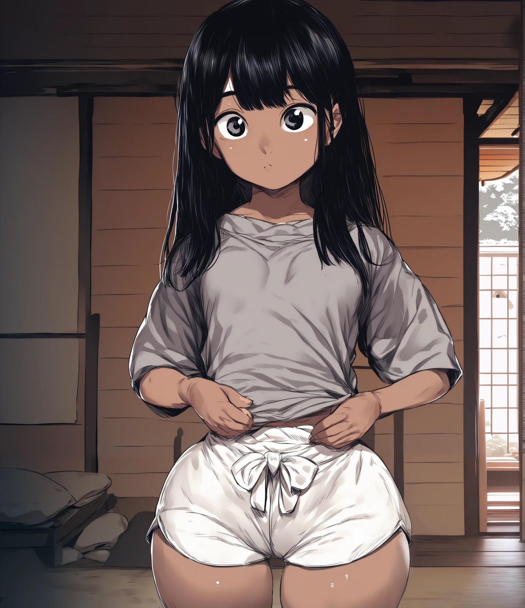 ((Cute short girl,black hair girl,black hair,long hair,full bangs,cute black eyes,dark skin,wearing dark-grey top,white shorts ,wide hips,small breasts)),(((Background of japanese house inside,normal mood,FRONT VIEW)))