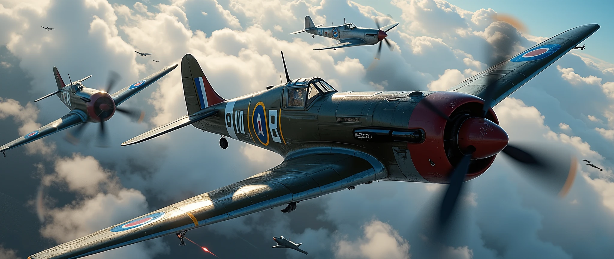(Reciprocating fighter aerial combat, Highly maneuverable and dynamic), (a highly detailed, hyper-realistic illustration of world war ii aircraft, full cowling), , intricate machinery, complex engineering, detailed weathering, atmospheric lighting, photorealistic, cinematic composition, dramatic lighting, volumetric fog, depth of field, ultra-detailed, masterpiece, 8k, high resolution