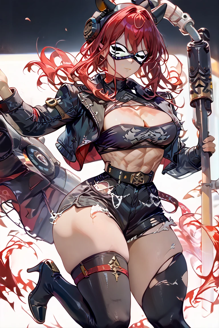 score_9, score_8_superior, score_7_superior, score_6_superior,a anime girl in some boots poses for the camera with a red backdrop, 1girl, animal ears, solo, tail, black hair, thighhighs, multicolored hair, red hair, skindentation, looking at viewer, wolf ears, hands on hips, gloves, wolf tail, long hair
