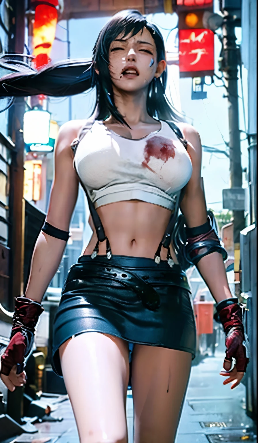 (8k, best quality, masterpiece:1.2), (realistic, photo-realistic:1.37), ultra-detailed, 1 girl,cute, solo, (tifa lockhart), (huge breasts:1.5),(beautiful detailed eyes), (smile:1.2), (closed mouth), erotic pose, dancing, outside an industrial factory, depth of field, dark intense shadows, sharp focus, depth of field, good composition, green glowing light, Final Fantasy VII, (white tank top, low cut top, cleavage:1.3), (black leather mini skirt with belt:1.3) (red gloves and boots) (full body:1.5), head rest, lips, pretty face, low-tied long hair, ((red_eyes:1.3)), (night:1.2), intricate, bokeh, cinematic lighting, photon mapping, radiosity, physically-based rendering, (Tetsuya Nomura style), nsfw, perfect breasts, view from above