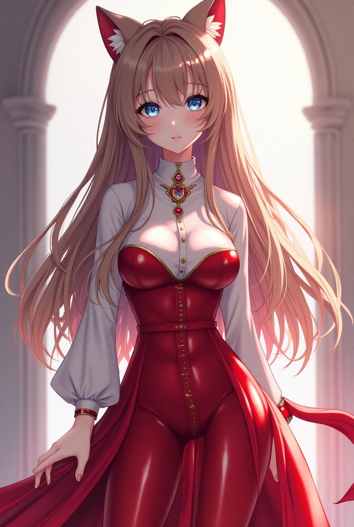 Upper Body, Focus Watching, Solo Woman, Standing Alone, Long Red Dress Covering Chest and Neck,(Neck Decorations)Earrings, shiny blonde hair